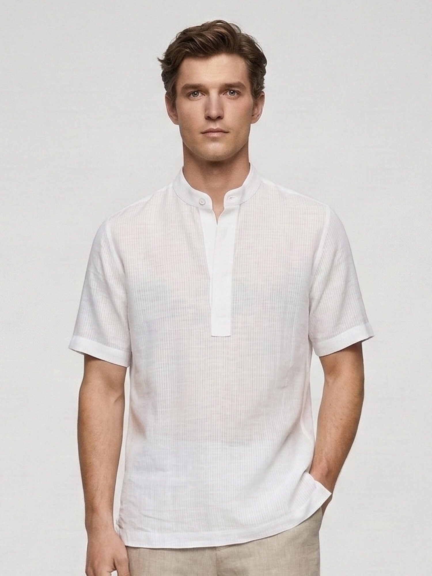 White Self Striped 100% Pure Linen Mandarin
