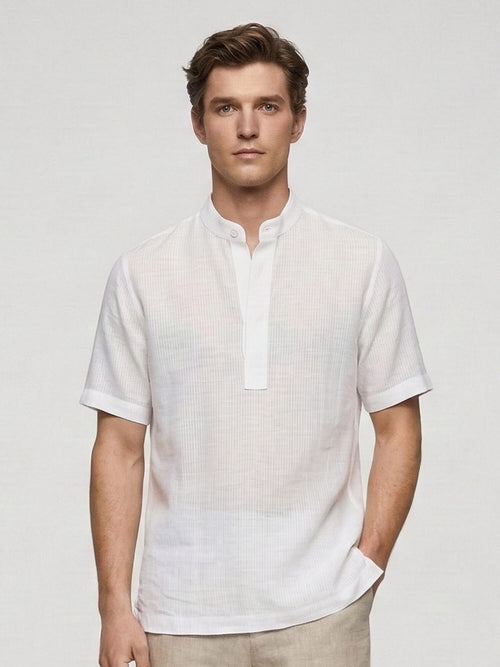 White Self Striped 100% Pure Linen Mandarin