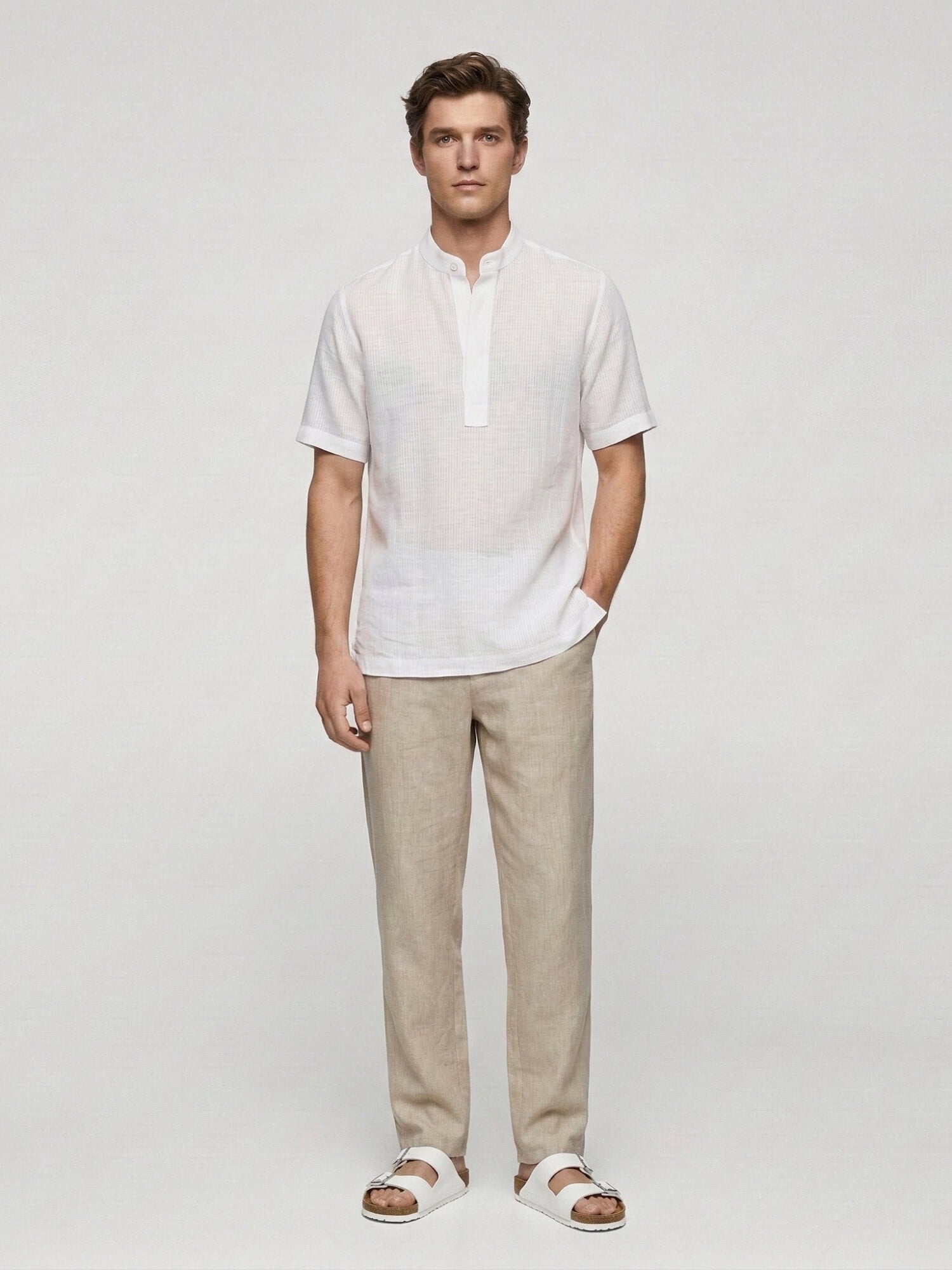 White Self Striped 100% Pure Linen Mandarin