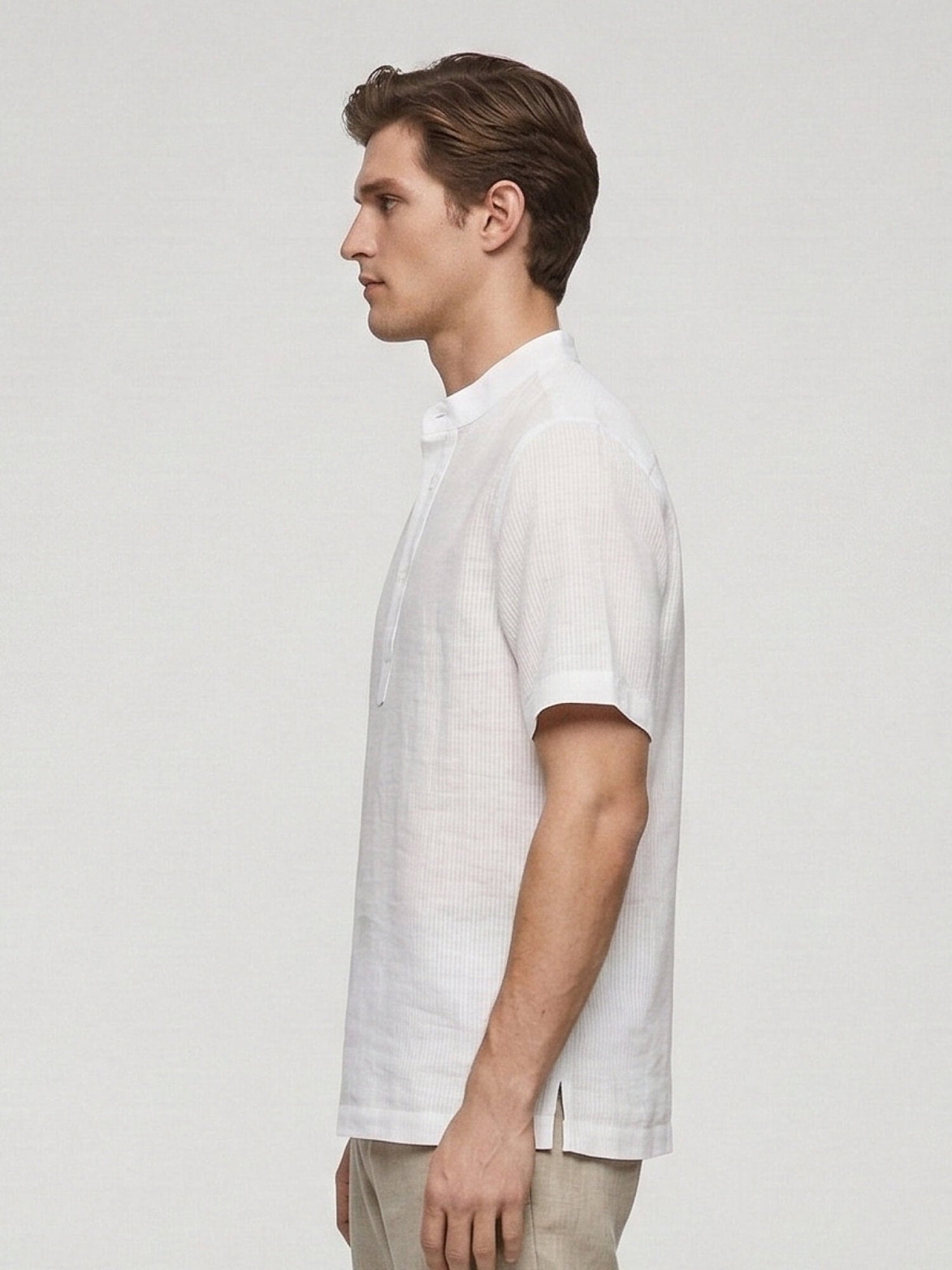 White Self Striped 100% Pure Linen Mandarin