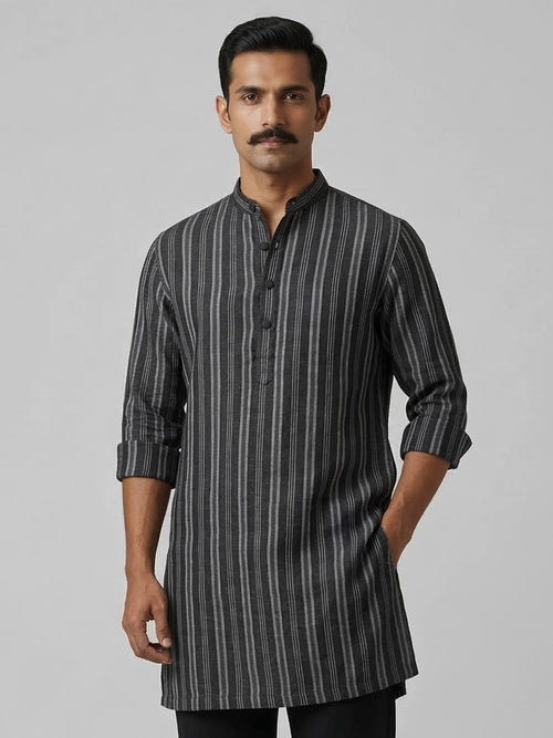 Mriga Black Striped | 100% Pure Linen Mid-Length Kurta