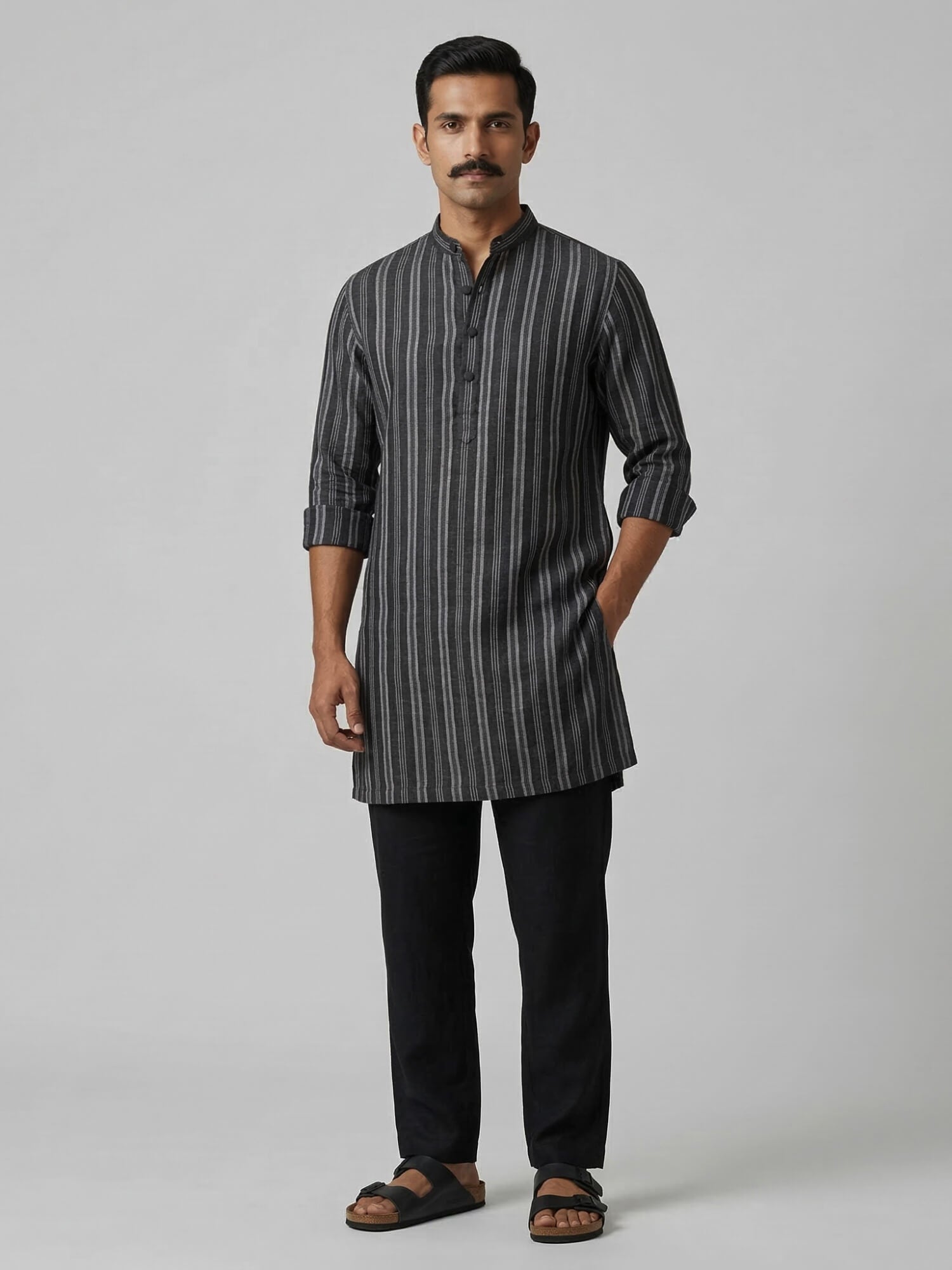 Mriga Black Striped | 100% Pure Linen Mid-Length Kurta