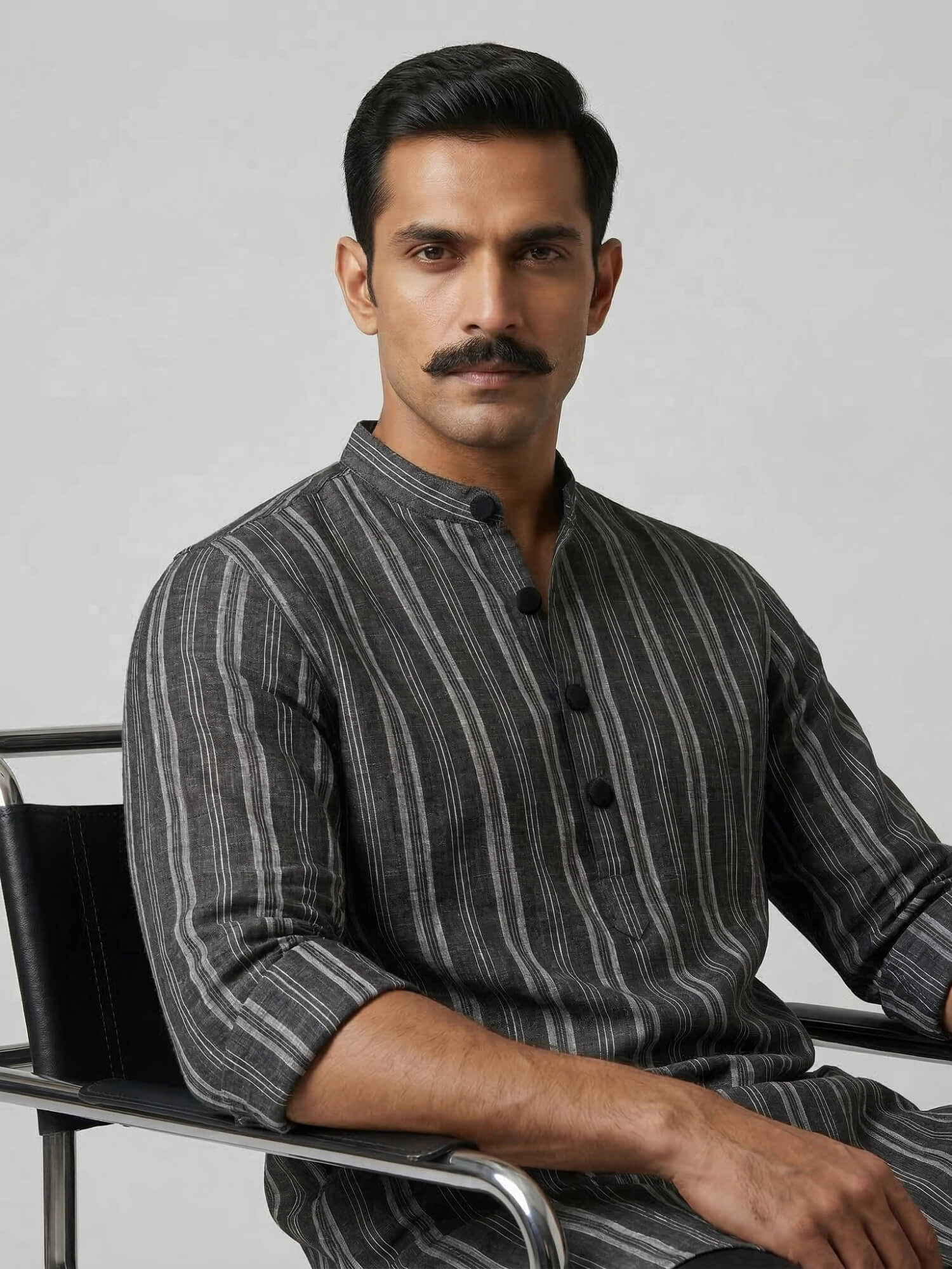 Mriga Black Striped | 100% Pure Linen Mid-Length Kurta