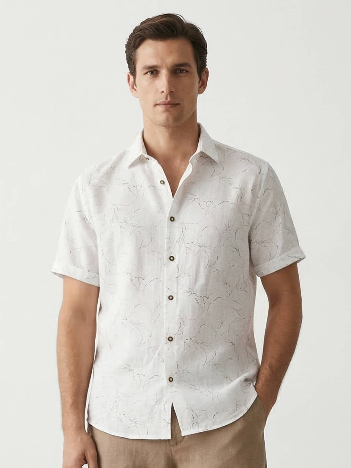 Ivory Vine Print 100% Pure Linen Half Sleeve Shirt