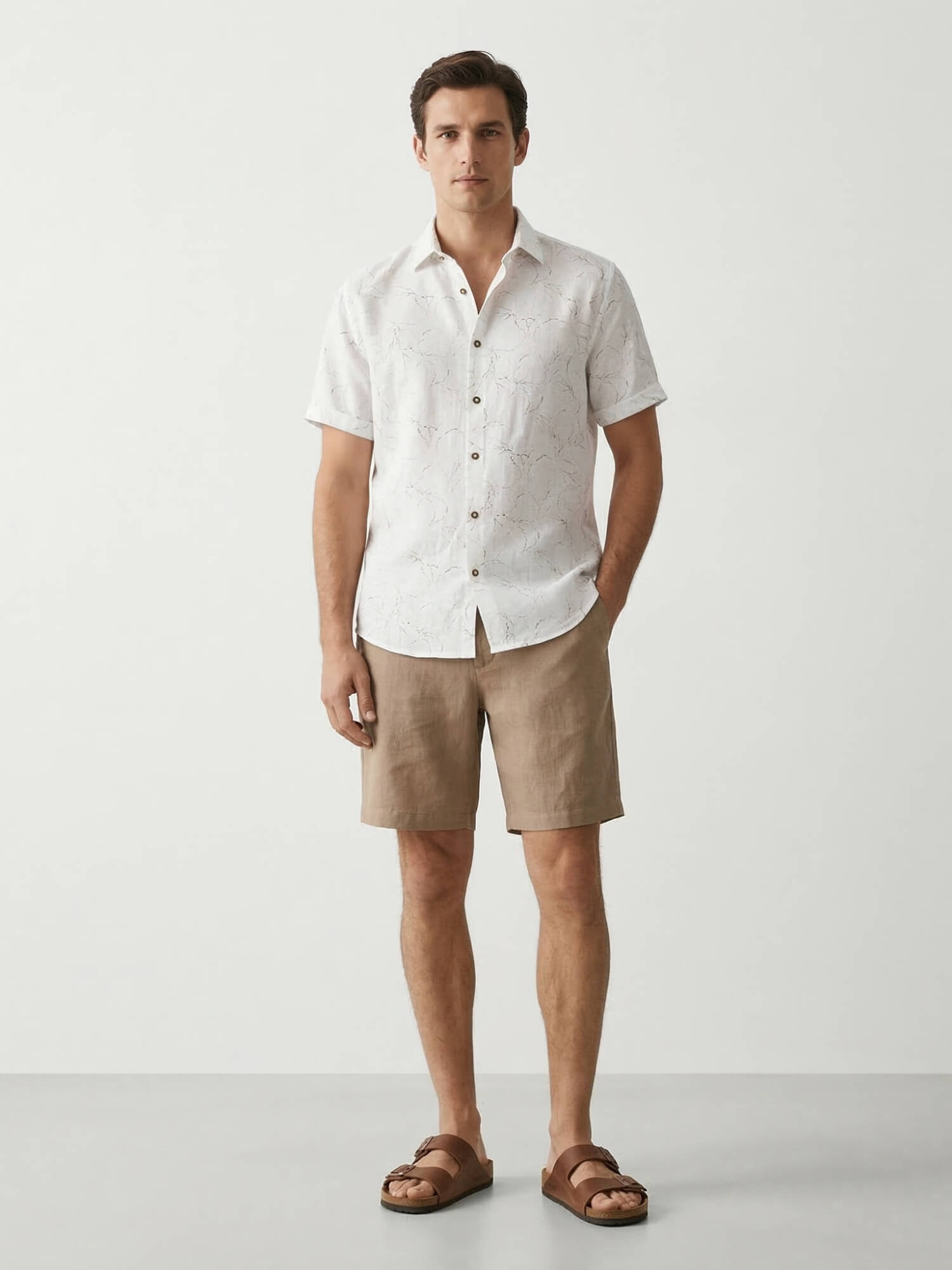 Ivory Vine Print 100% Pure Linen Half Sleeve Shirt