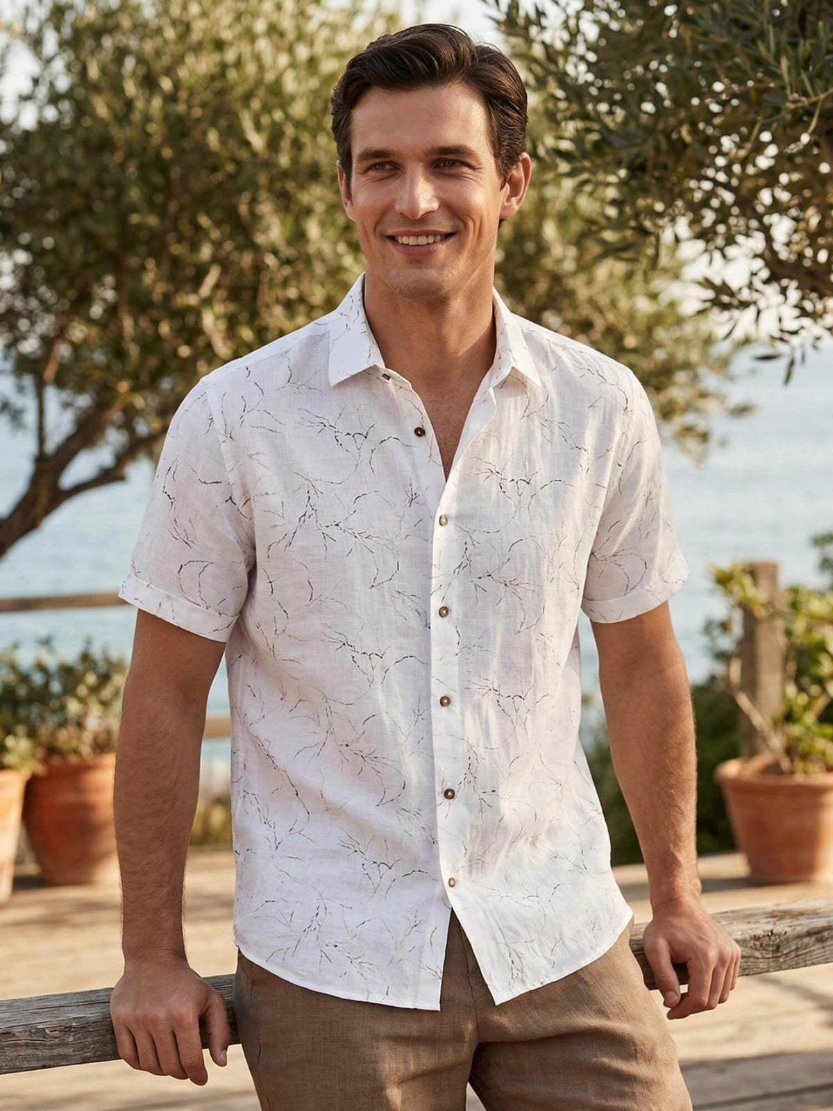Ivory Vine Print 100% Pure Linen Half Sleeve Shirt