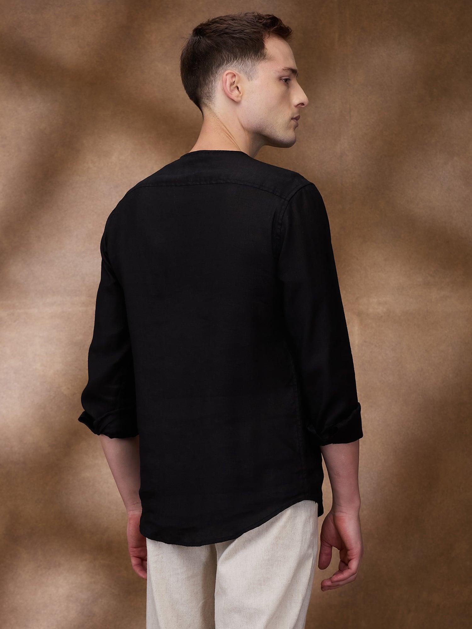 Black 100% Pure Linen Zippered Kurta - Bhrata