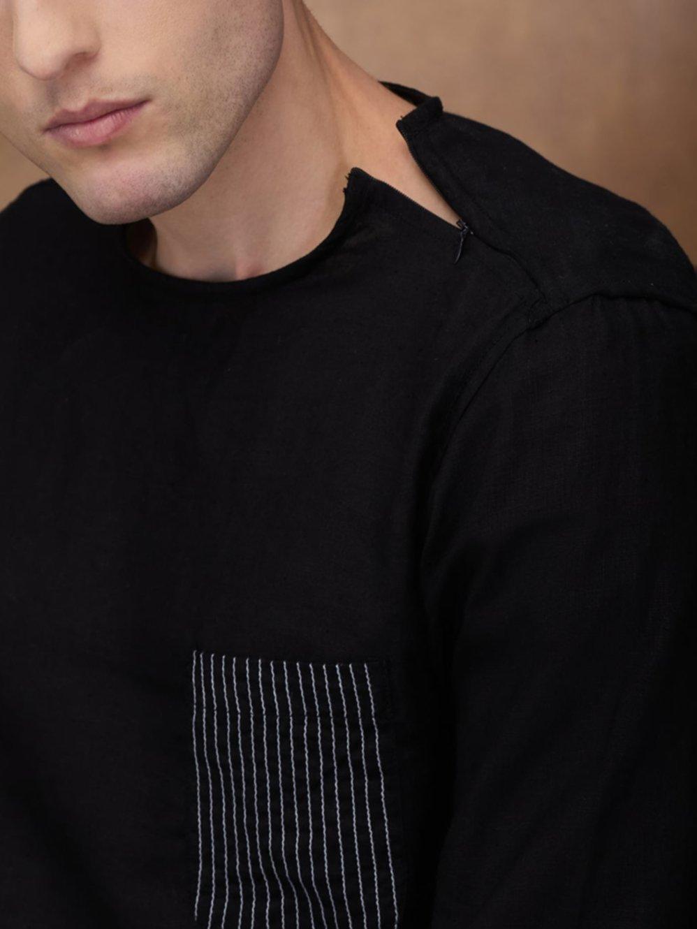 Black 100% Pure Linen Zippered Kurta - Bhrata