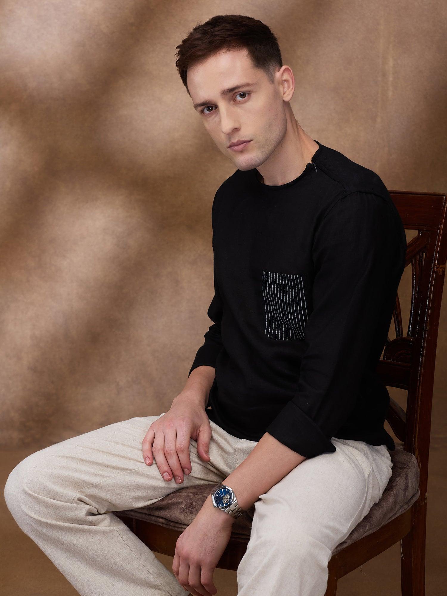 Black 100% Pure Linen Zippered Kurta - Bhrata