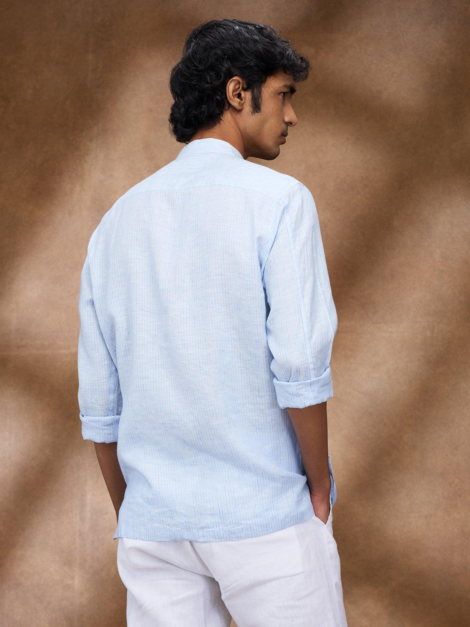 Blue Striped 100% Pure Linen Short Kurta - Bhrata