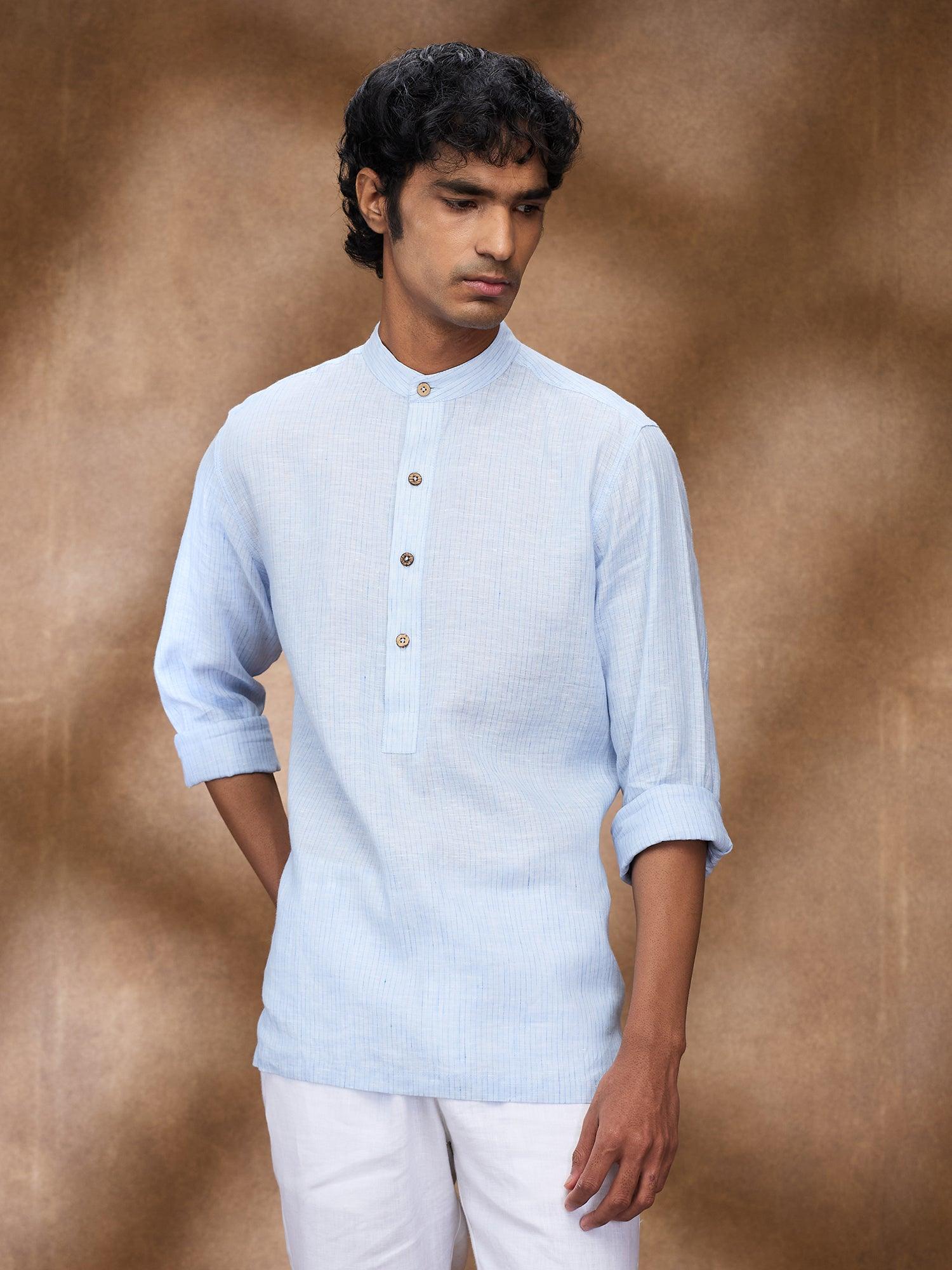 Blue Striped 100% Pure Linen Short Kurta - Bhrata