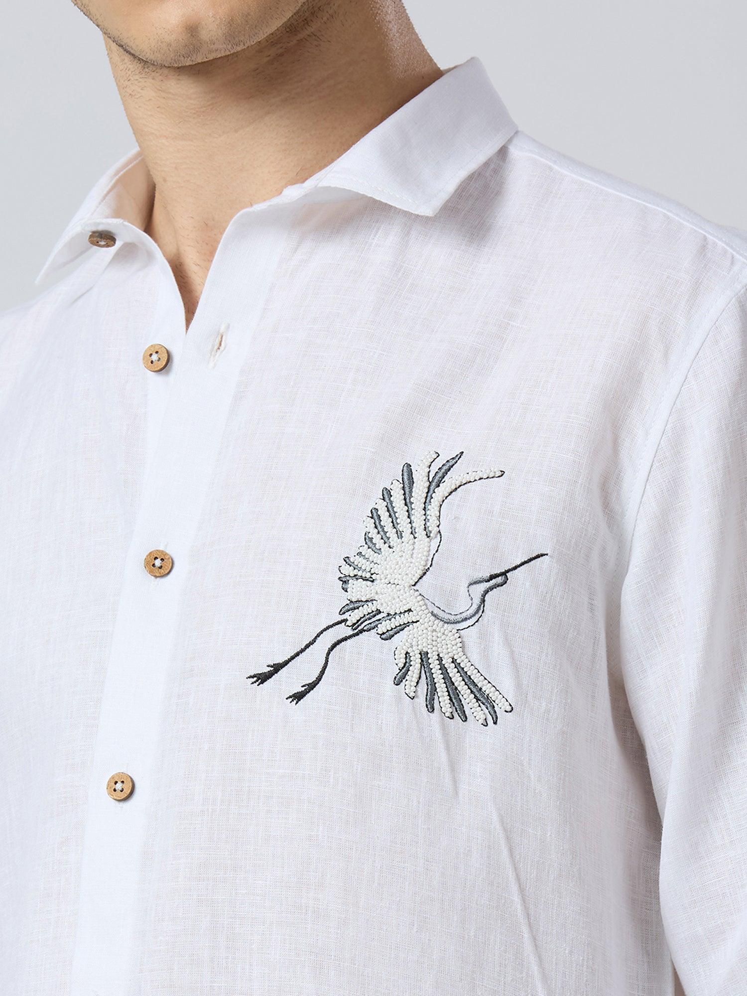 Celestial Crane Pure Linen—Ivory - Bhrata
