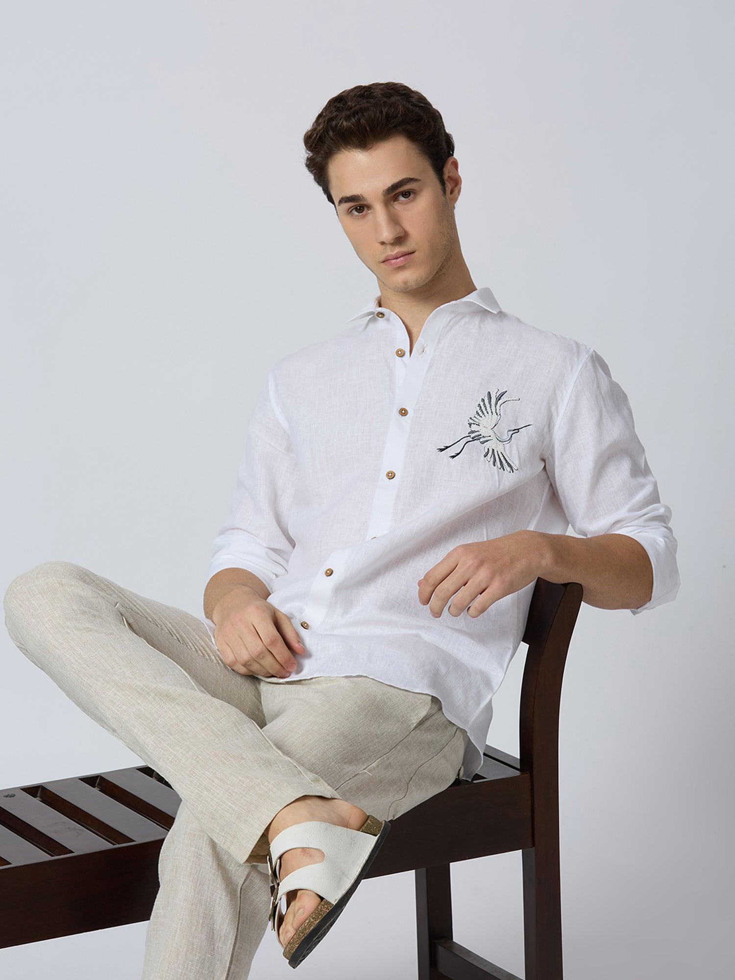 Celestial Crane Pure Linen—Ivory - Bhrata
