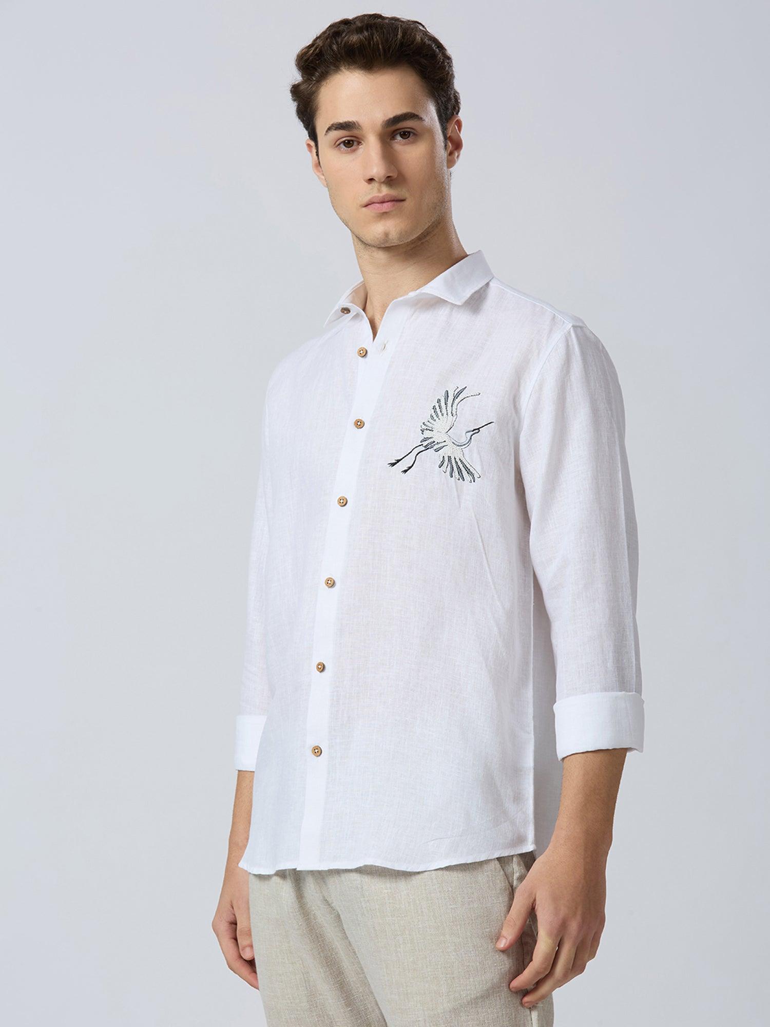 Celestial Crane Pure Linen—Ivory - Bhrata