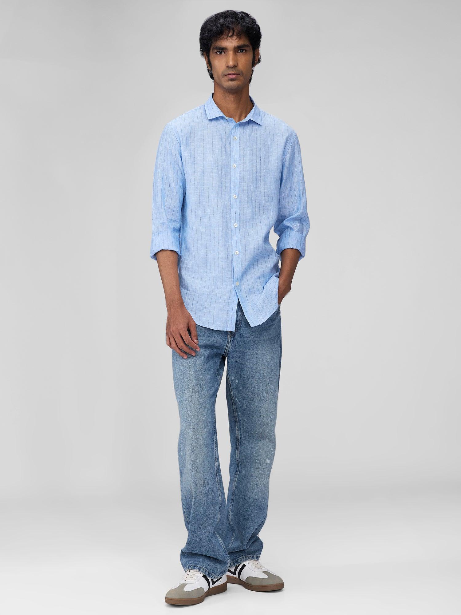 Cerulean Blue Striped 100% Pure Linen - Bhrata
