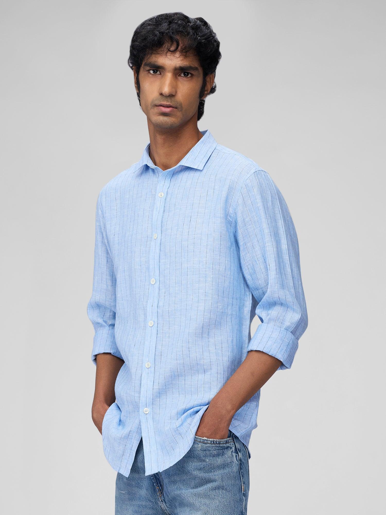 Cerulean Blue Striped 100% Pure Linen - Bhrata