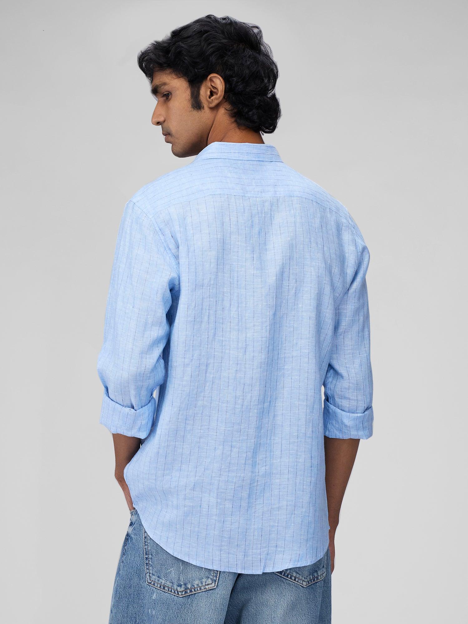 Cerulean Blue Striped 100% Pure Linen - Bhrata