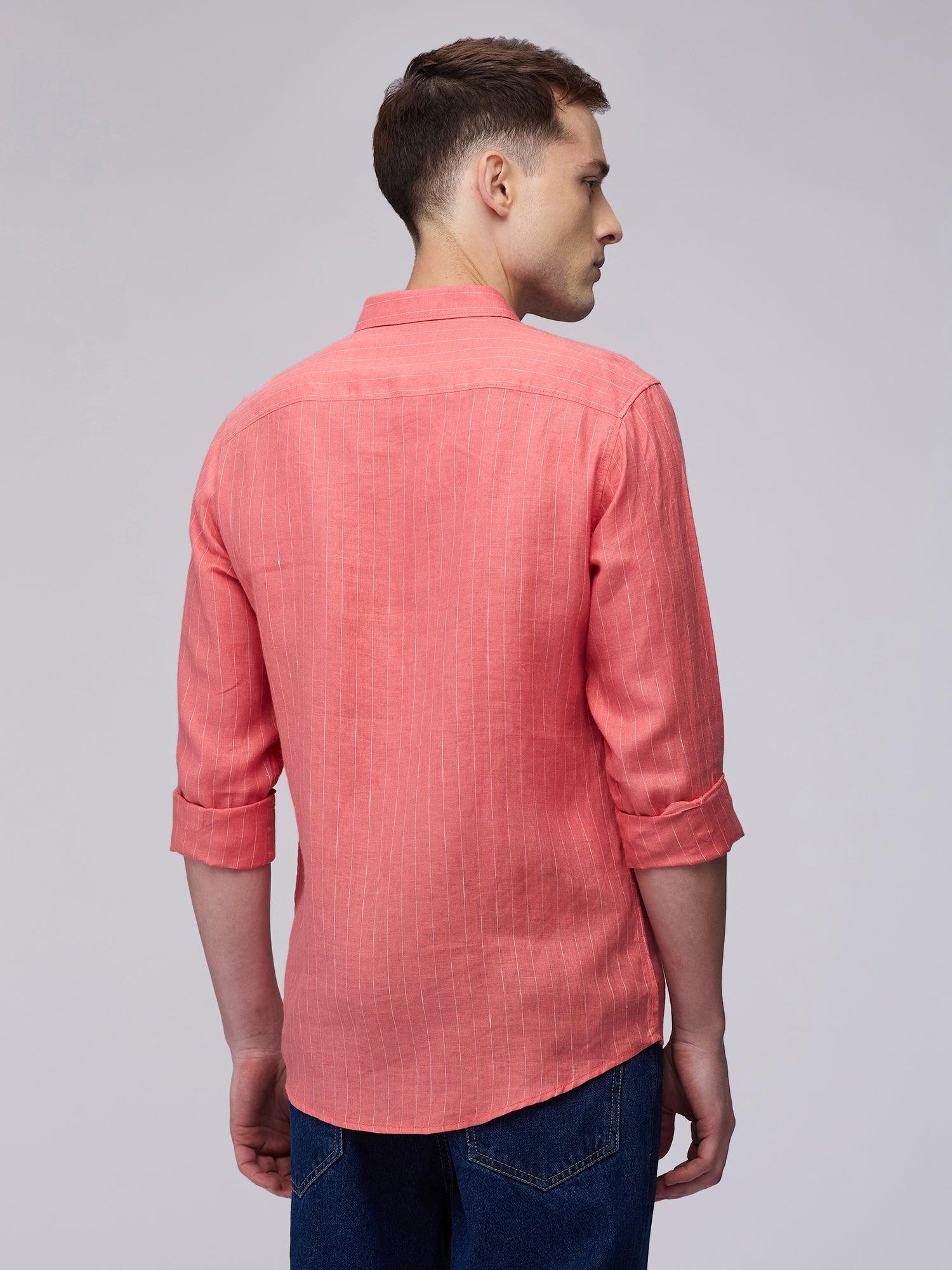 Coral Red Striped 100% Pure Linen - Bhrata