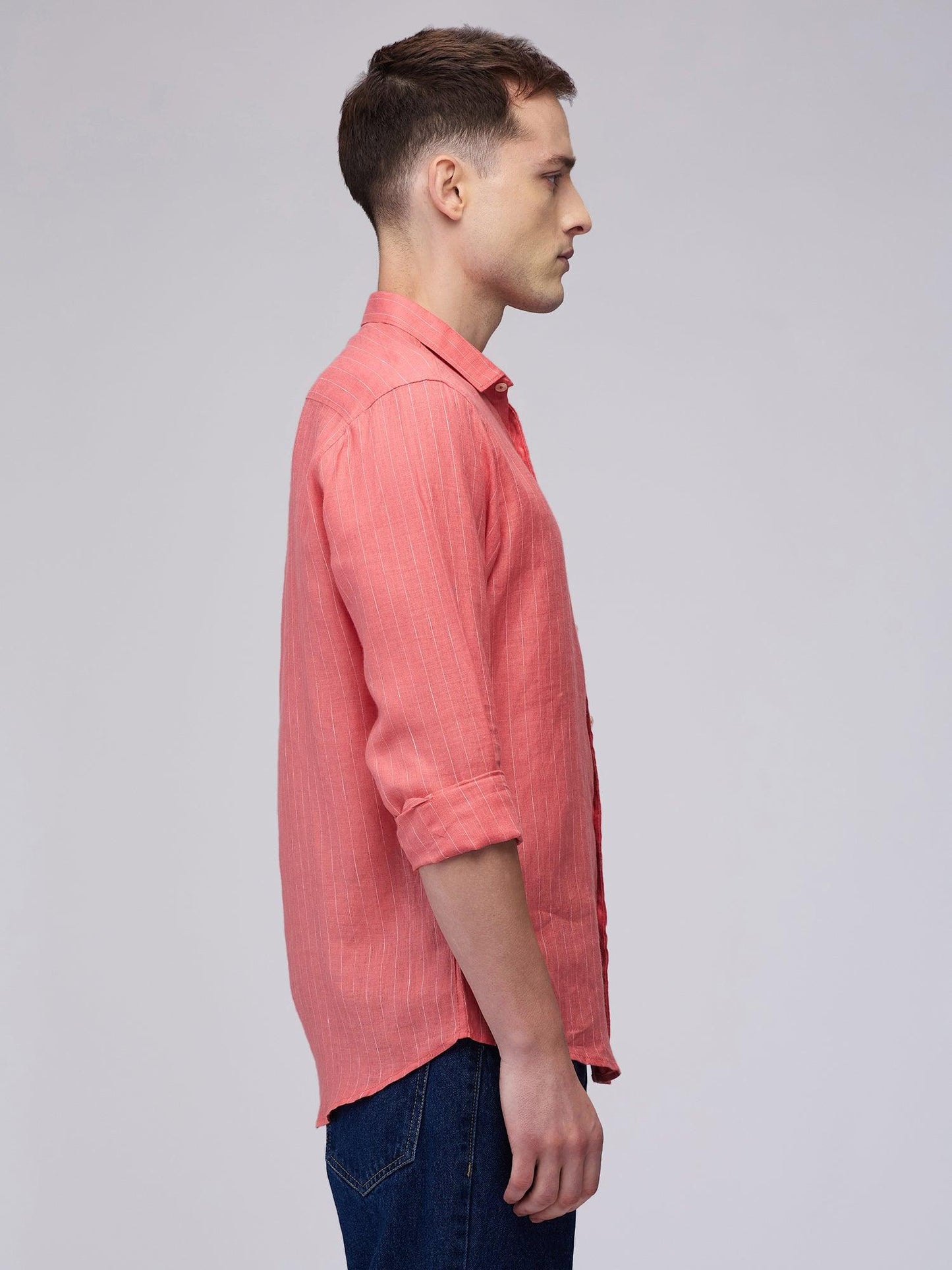 Coral Red Striped 100% Pure Linen - Bhrata