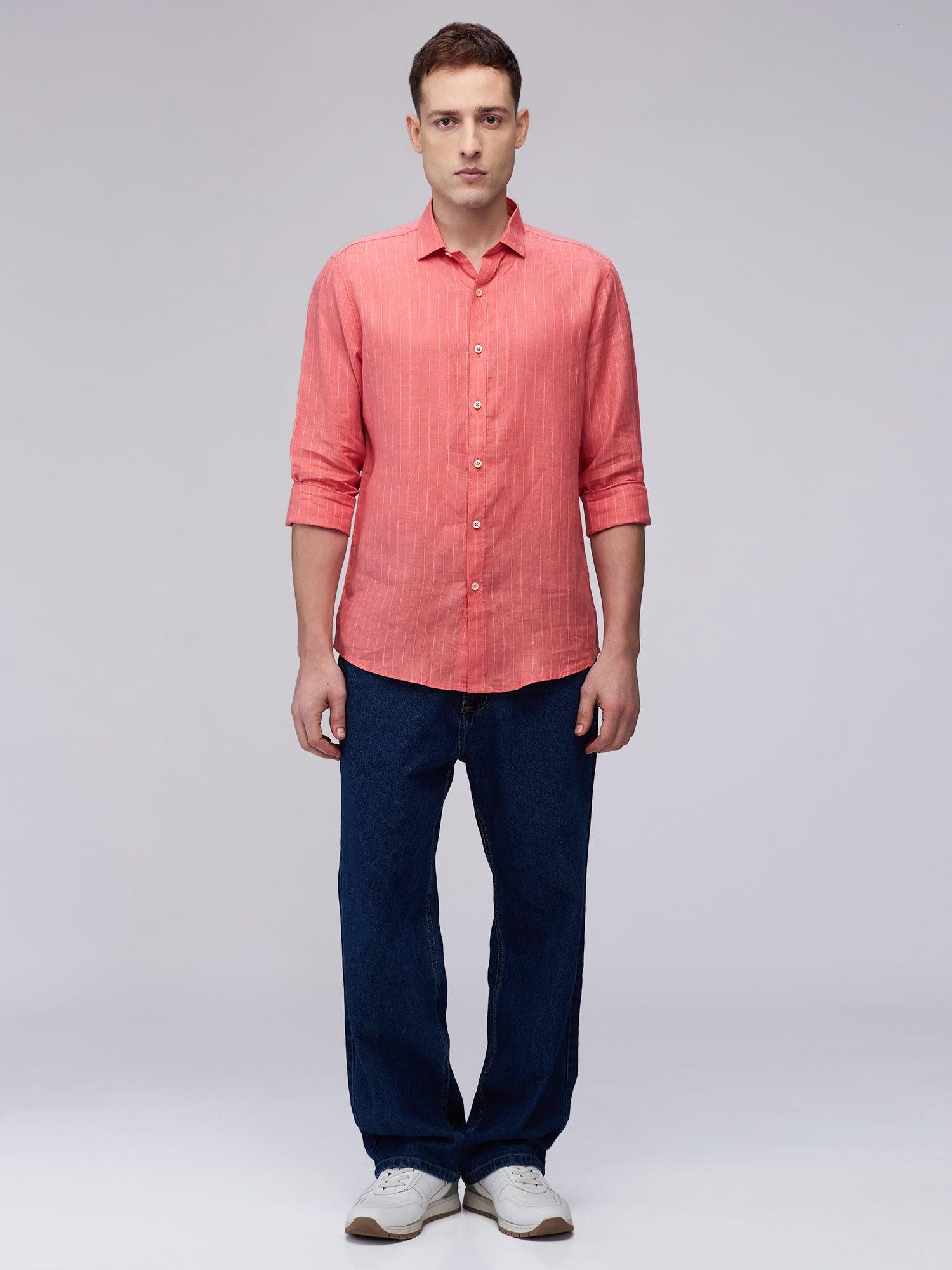 Coral Red Striped 100% Pure Linen - Bhrata