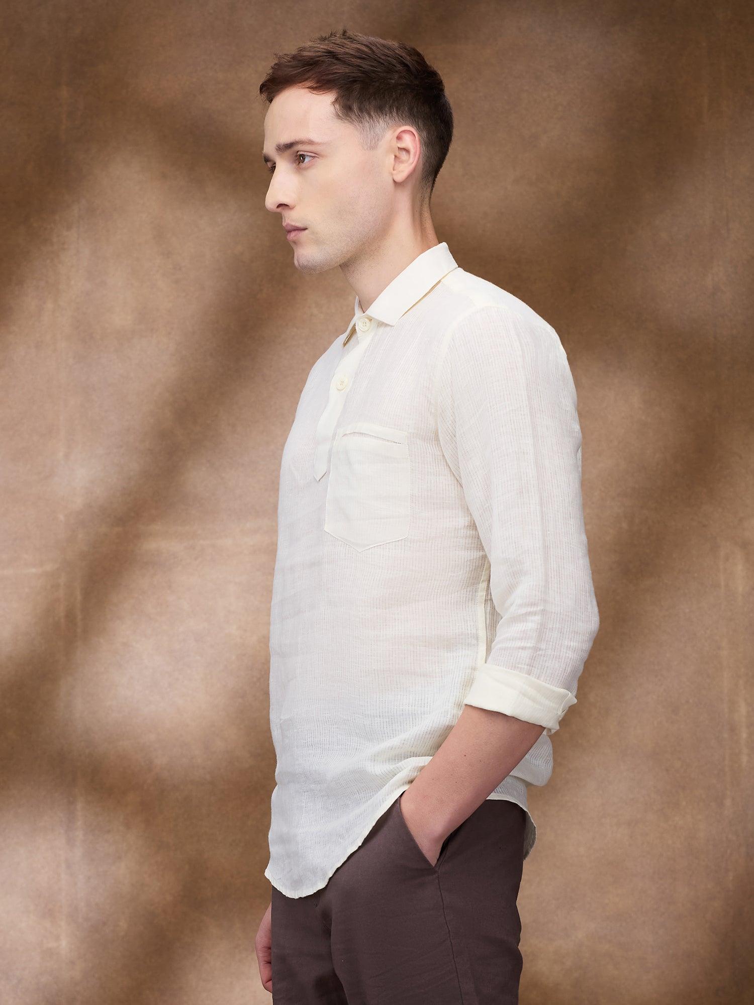Cream Striped 100% Pure Linen Short Kurta - Bhrata