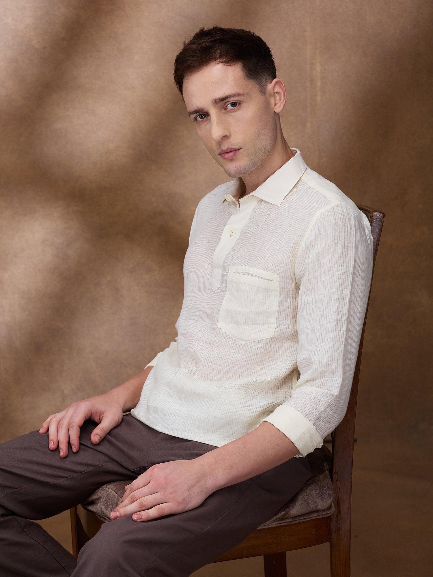 Cream Striped 100% Pure Linen Short Kurta - Bhrata
