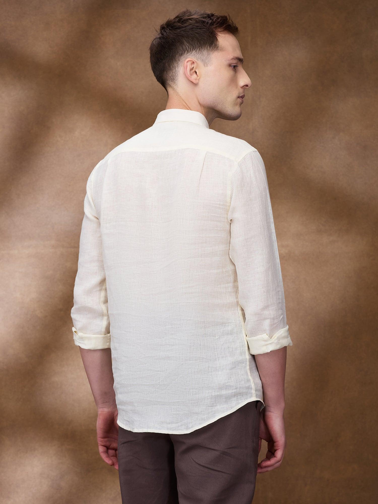 Cream Striped 100% Pure Linen Short Kurta - Bhrata