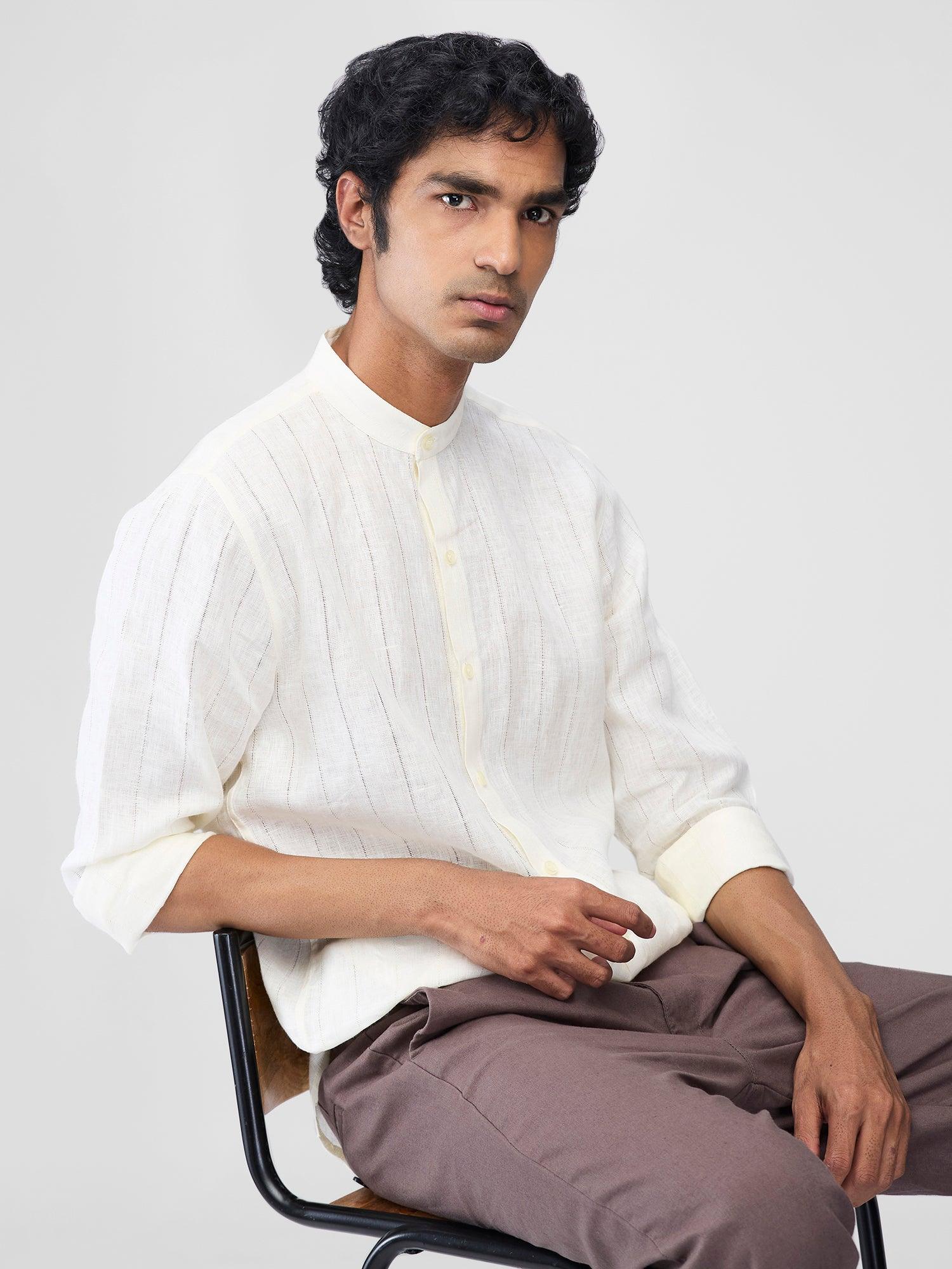 Ecru 100% Pure Linen Stripe - Bhrata