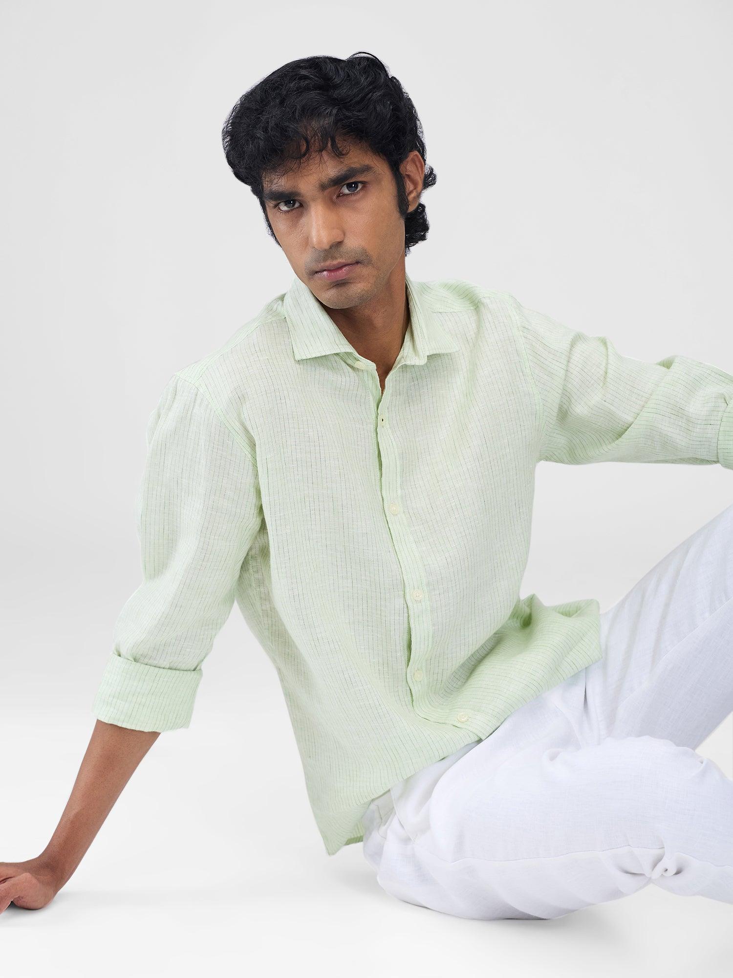 Green 100% Pure Linen Stripes - Bhrata