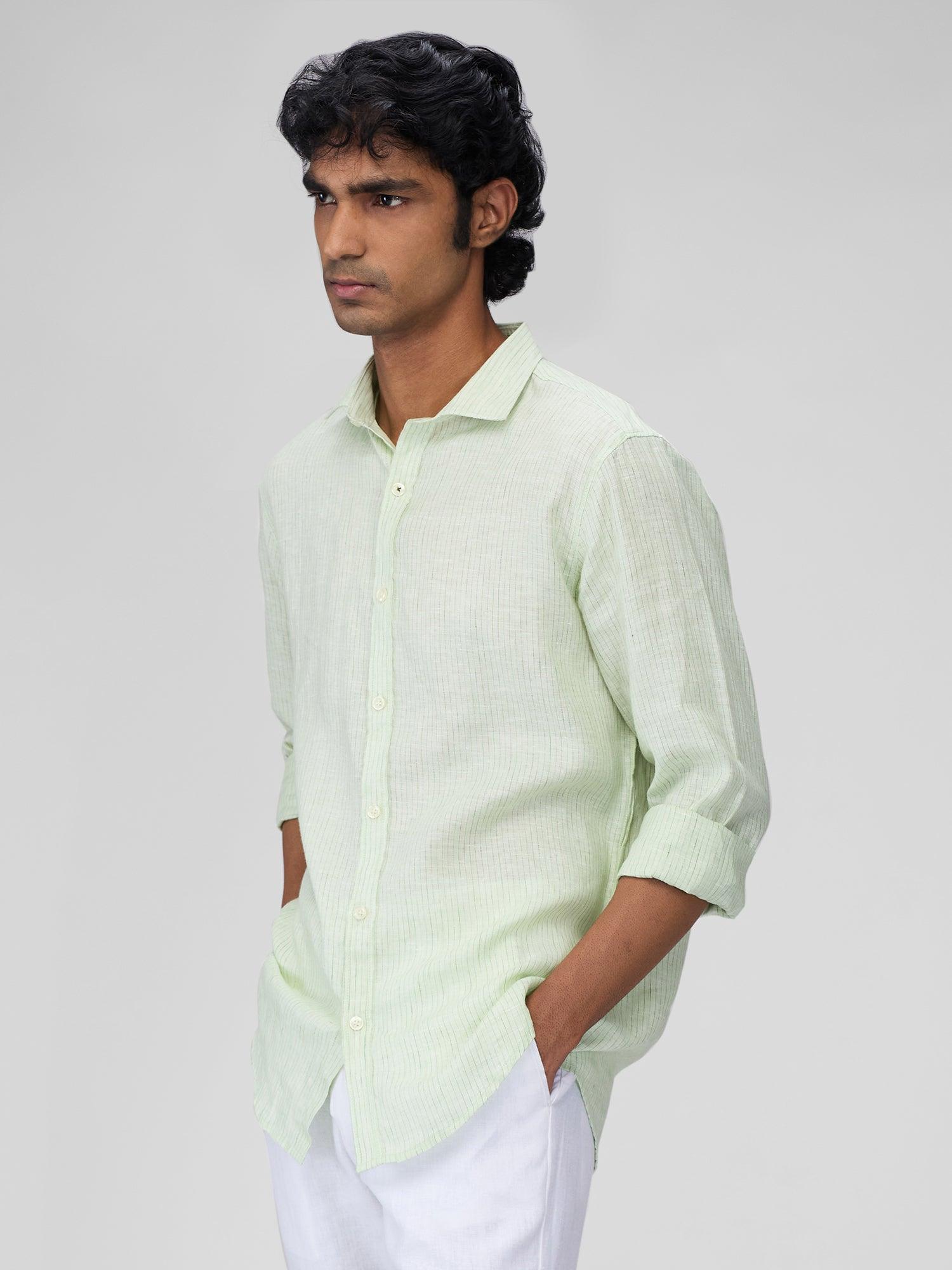 Green 100% Pure Linen Stripes - Bhrata