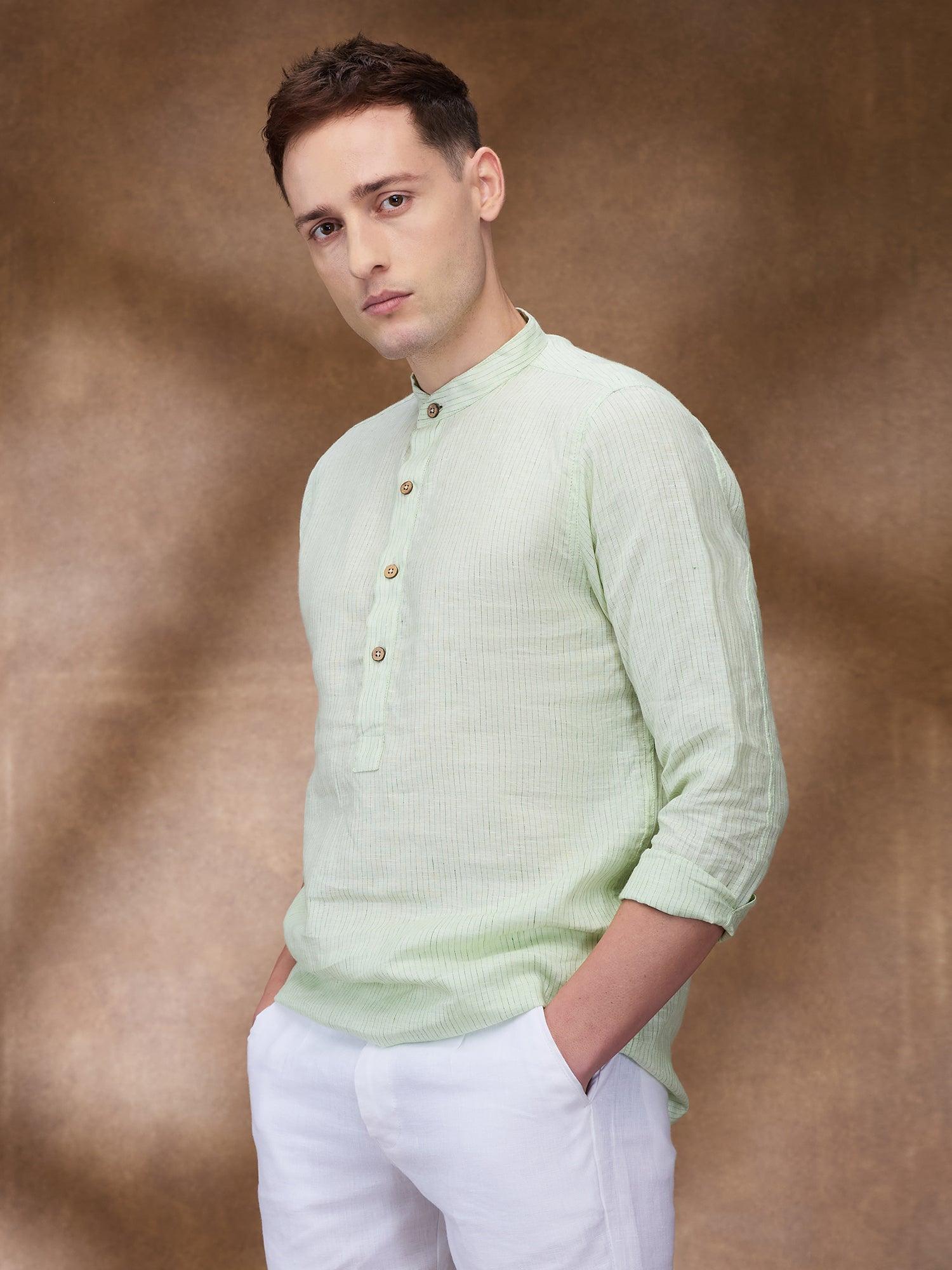 Green Striped 100% Pure Linen Short Kurta - Bhrata