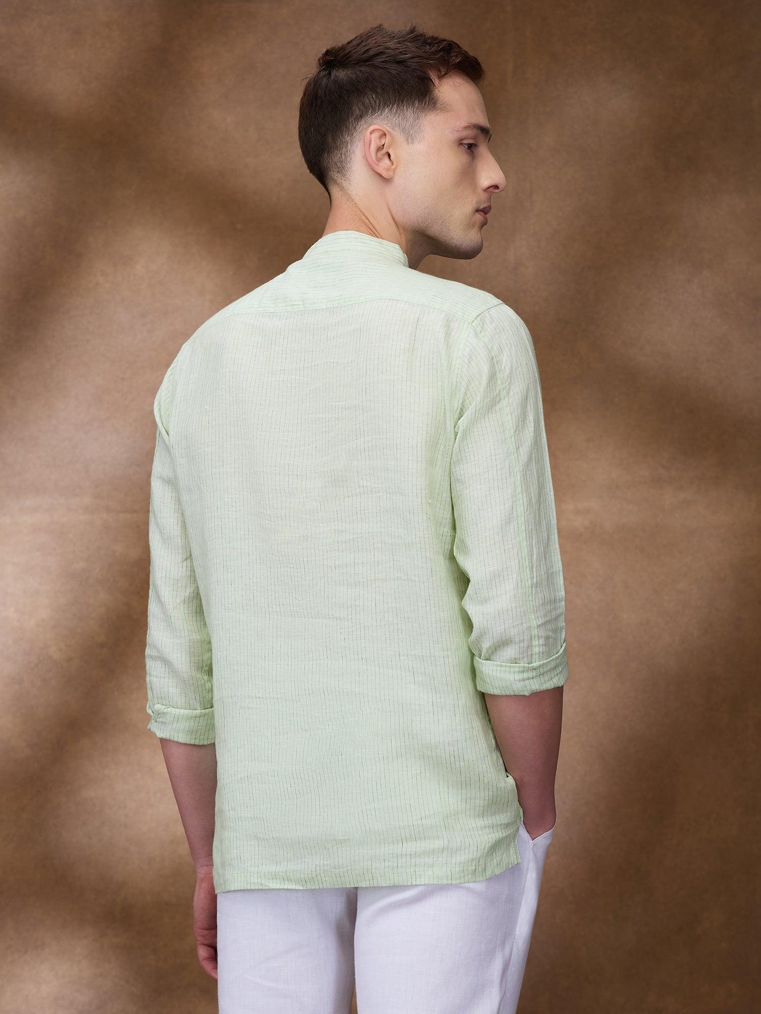 Green Striped 100% Pure Linen Short Kurta - Bhrata