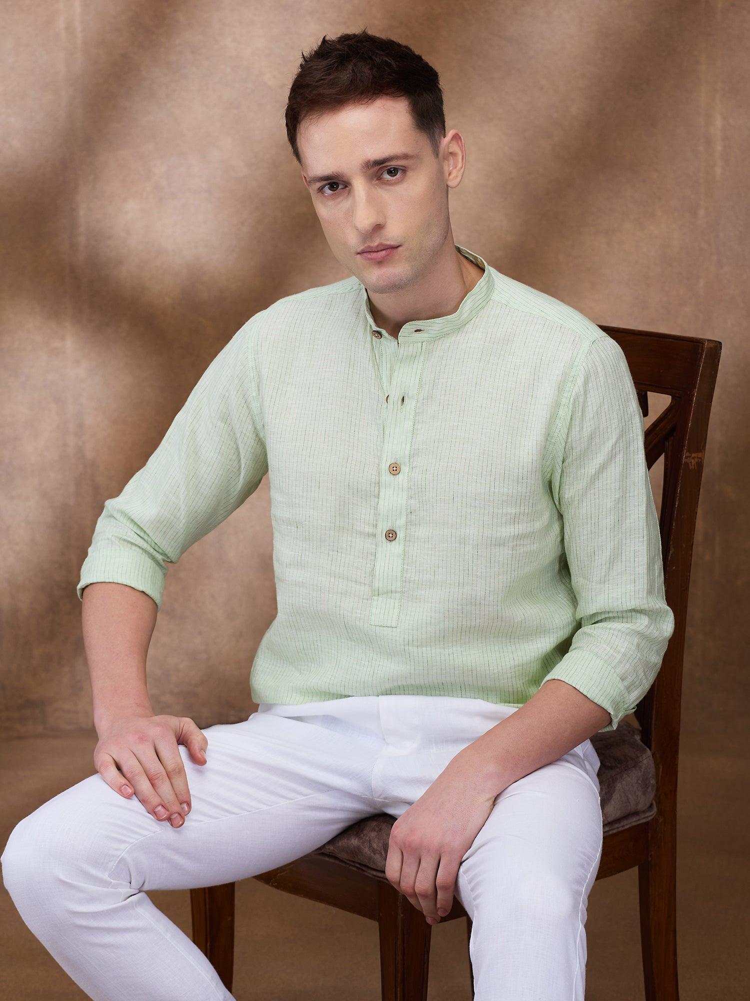 Green Striped 100% Pure Linen Short Kurta - Bhrata
