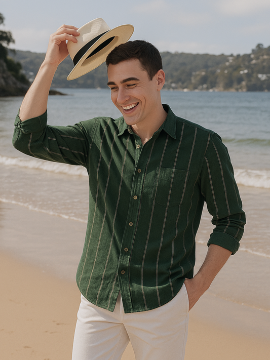Green Stripe 100% Pure Linen Shirt