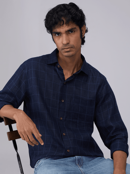 Navy 100% Pure Linen Check Men's Shirt—Bhrata