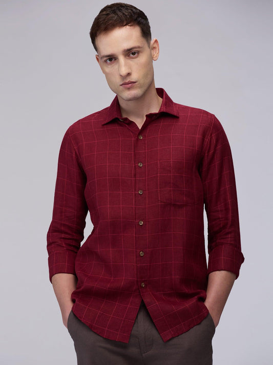 Crimson Red 100% Pure Linen Check Men's Shirt—Bhrata