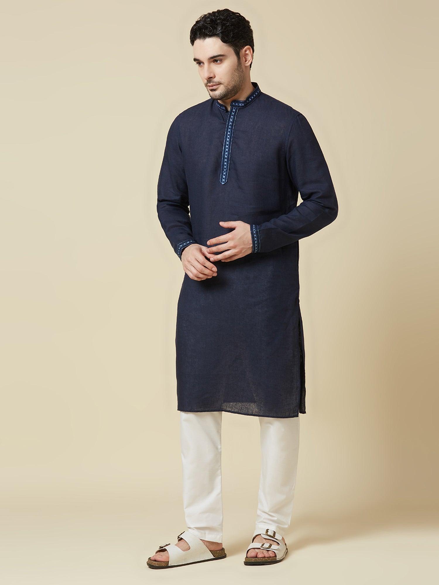Navy 100% Pure Linen Long Kurta - Bhrata