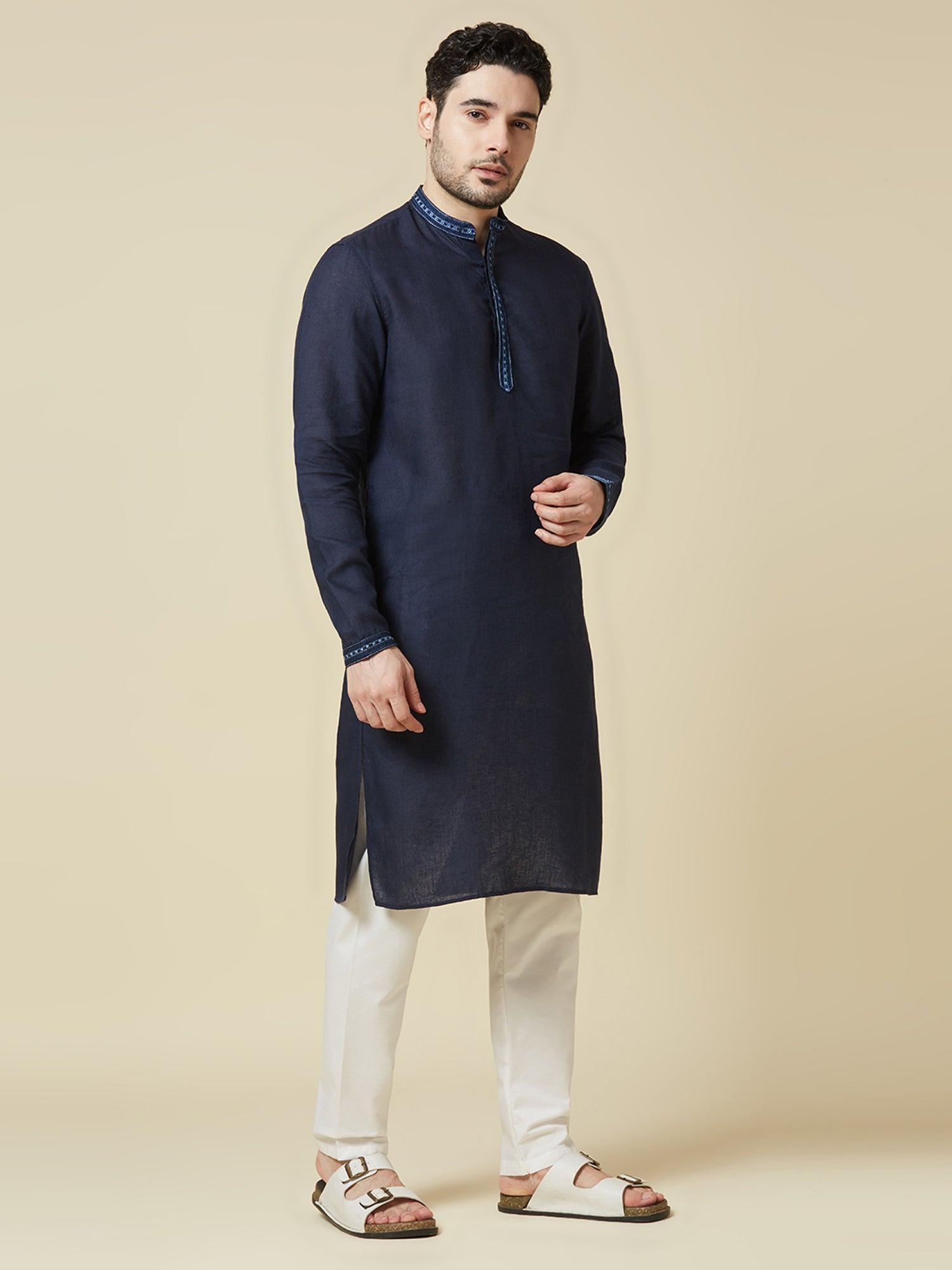 Navy 100% Pure Linen Long Kurta - Bhrata
