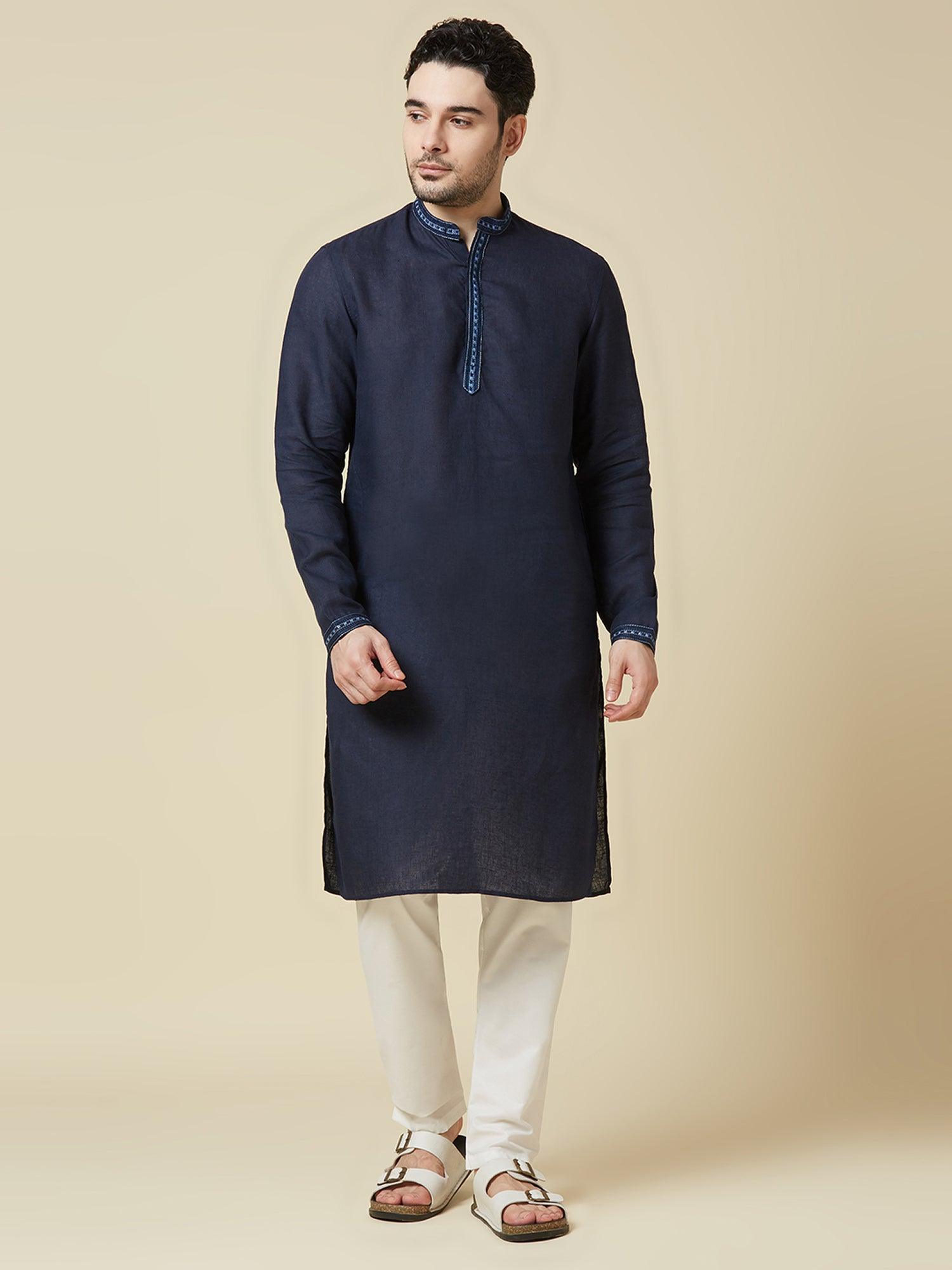 Navy 100% Pure Linen Long Kurta - Bhrata