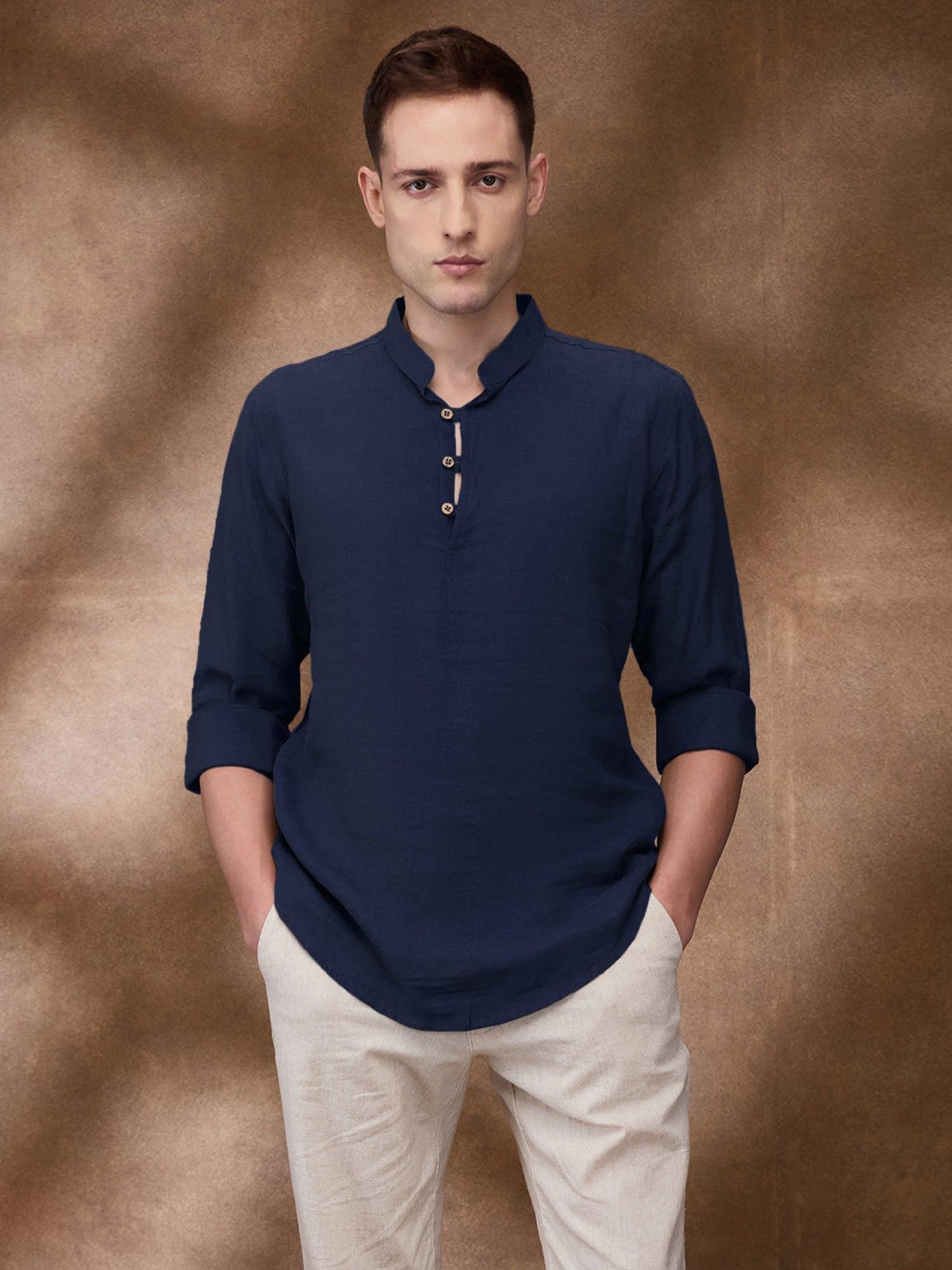 Navy 100% Pure Linen Short Kurta - Bhrata