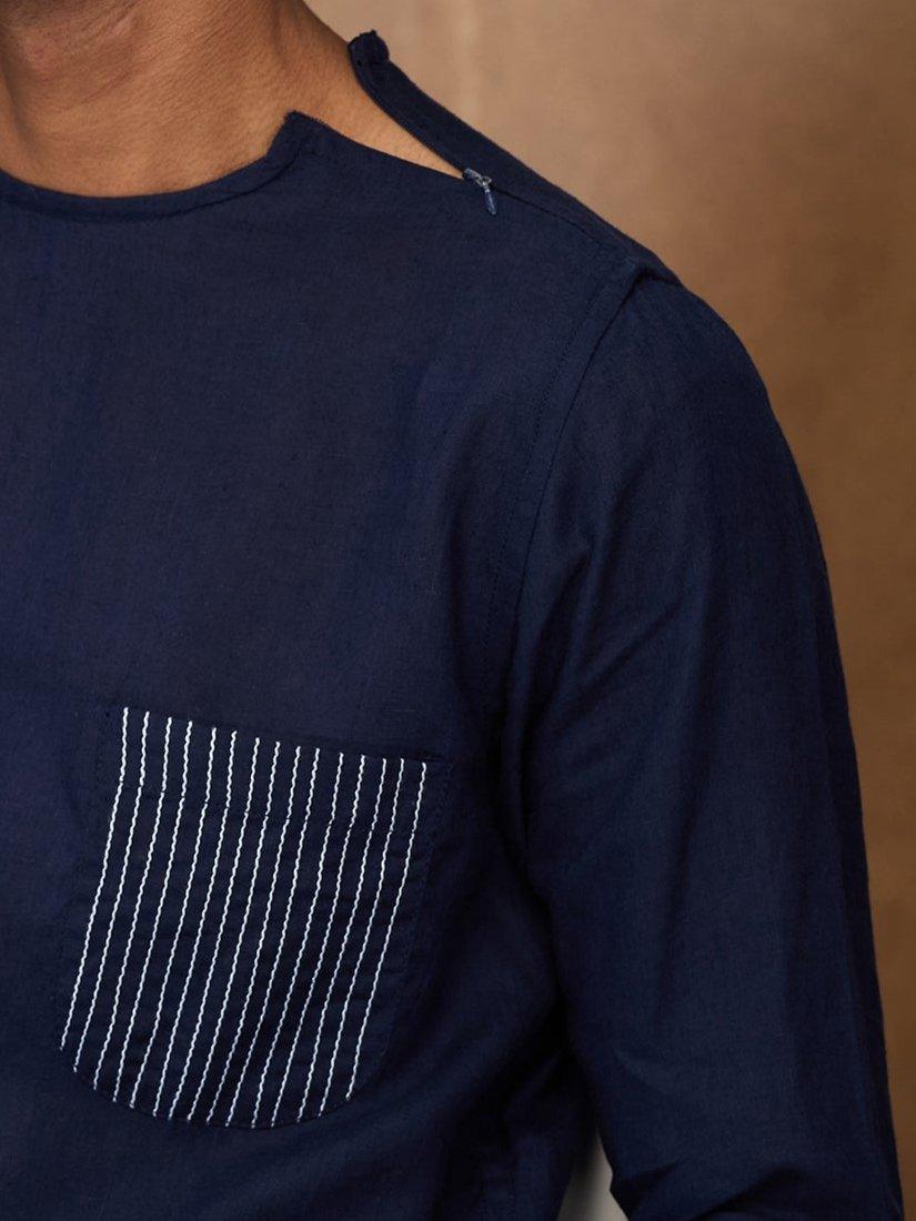 Navy 100% Pure Linen Zippered Kurta - Bhrata