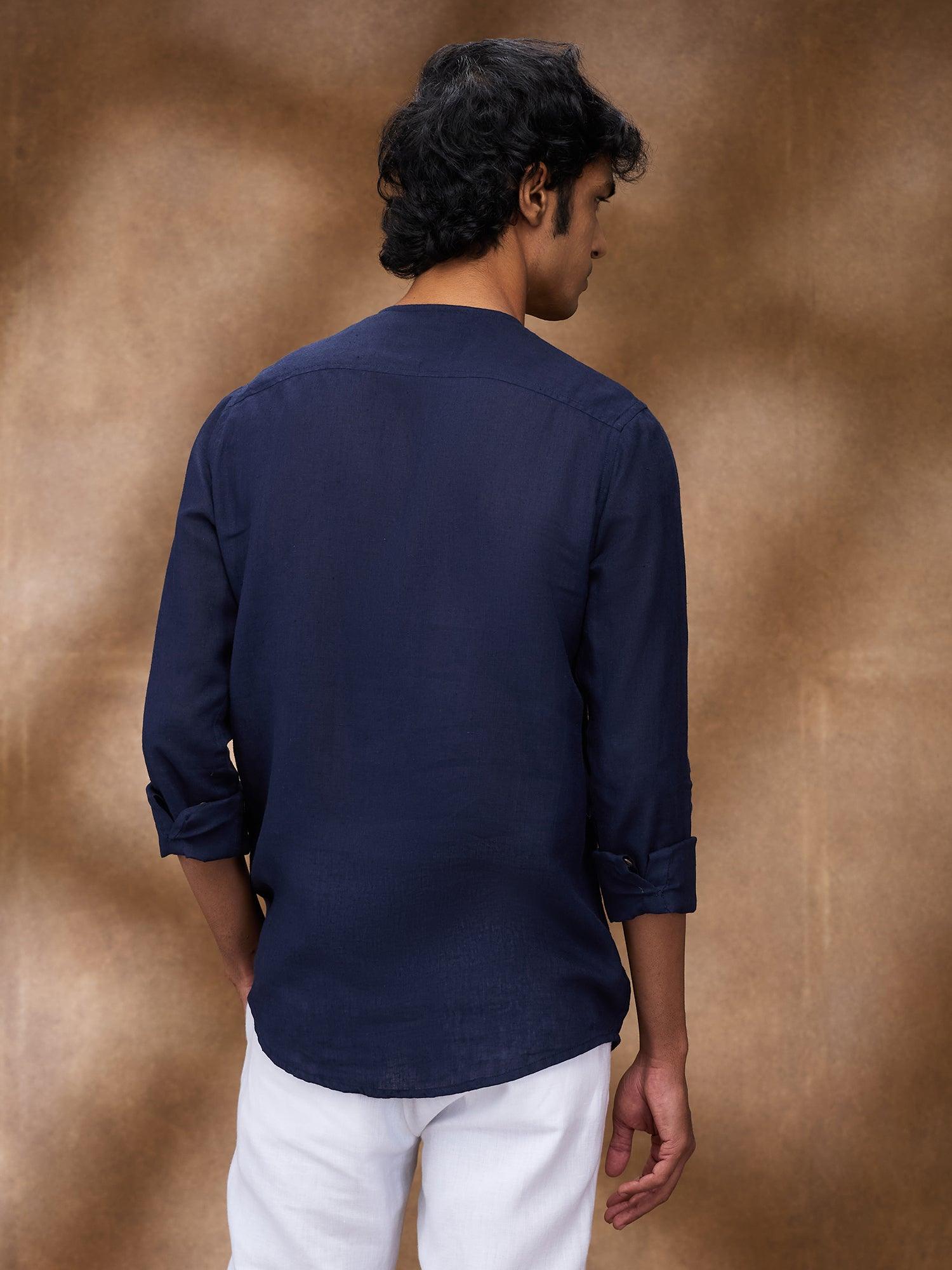 Navy 100% Pure Linen Zippered Kurta - Bhrata
