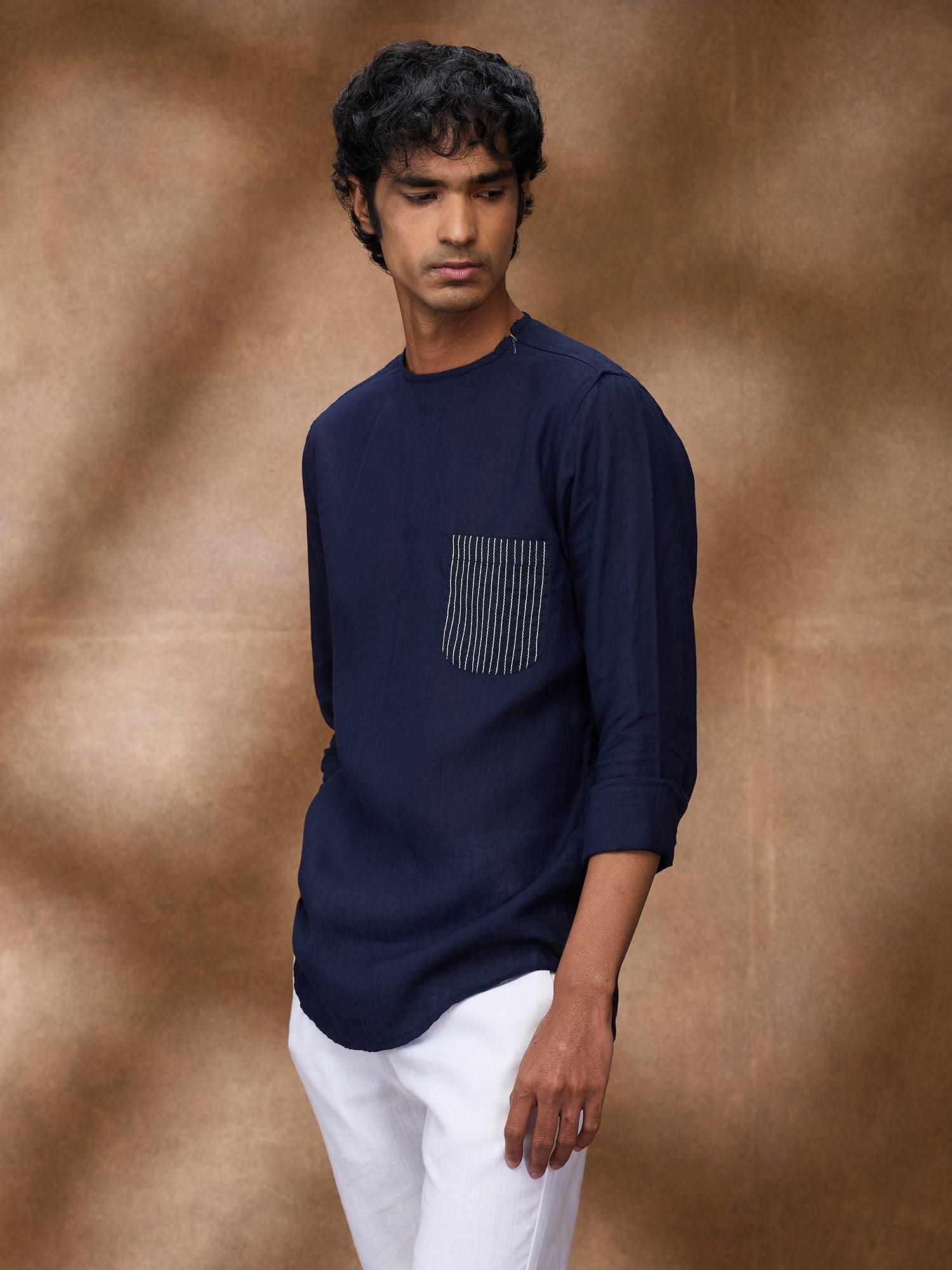 Navy 100% Pure Linen Zippered Kurta - Bhrata