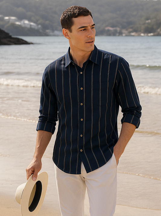 Navy Stripe 100% Pure Linen Shirt