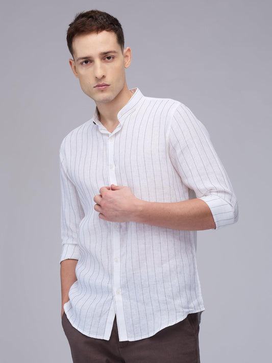 Navy Stripes Mandarin 100% Pure Linen - Bhrata