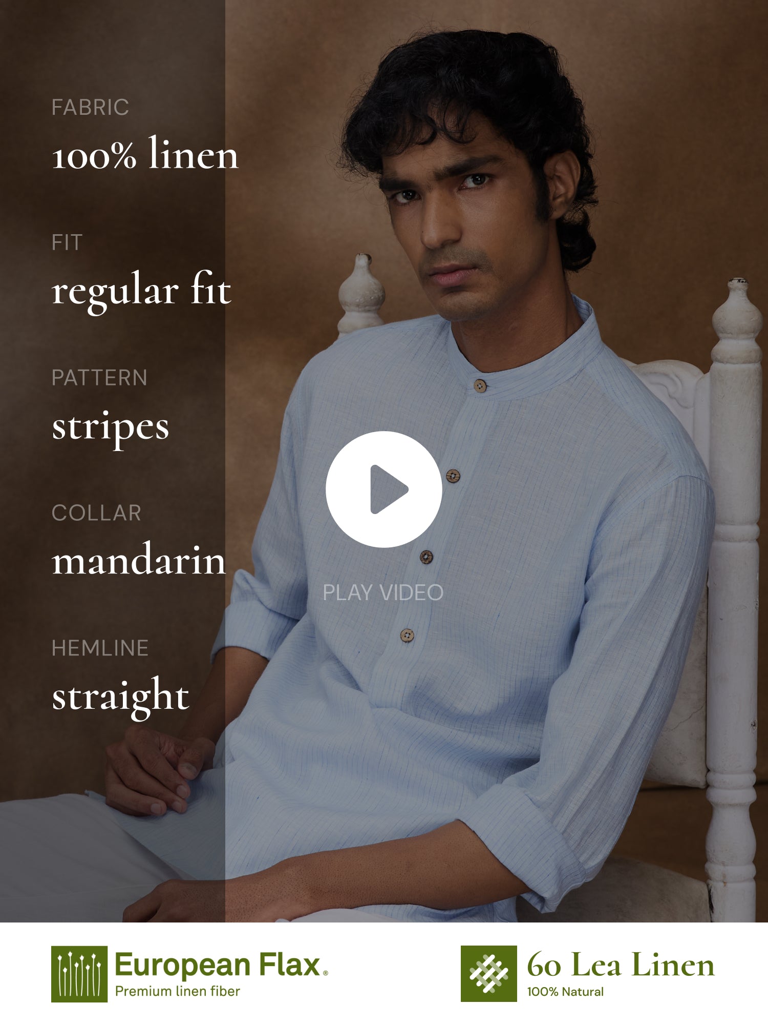 Blue Striped 100% Pure Linen Short Kurta