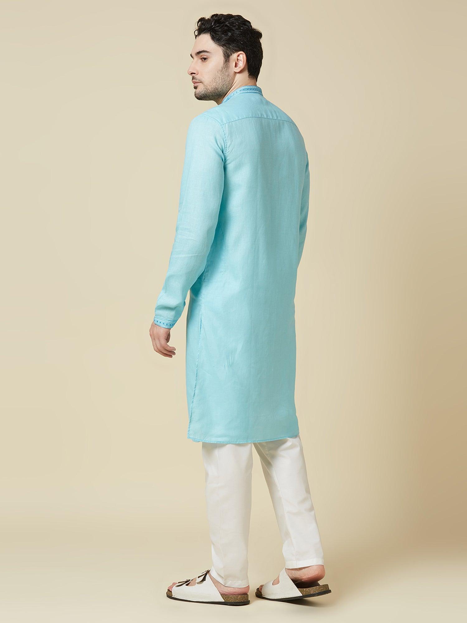 Sky Blue 100% Pure Linen Long Kurta - Bhrata