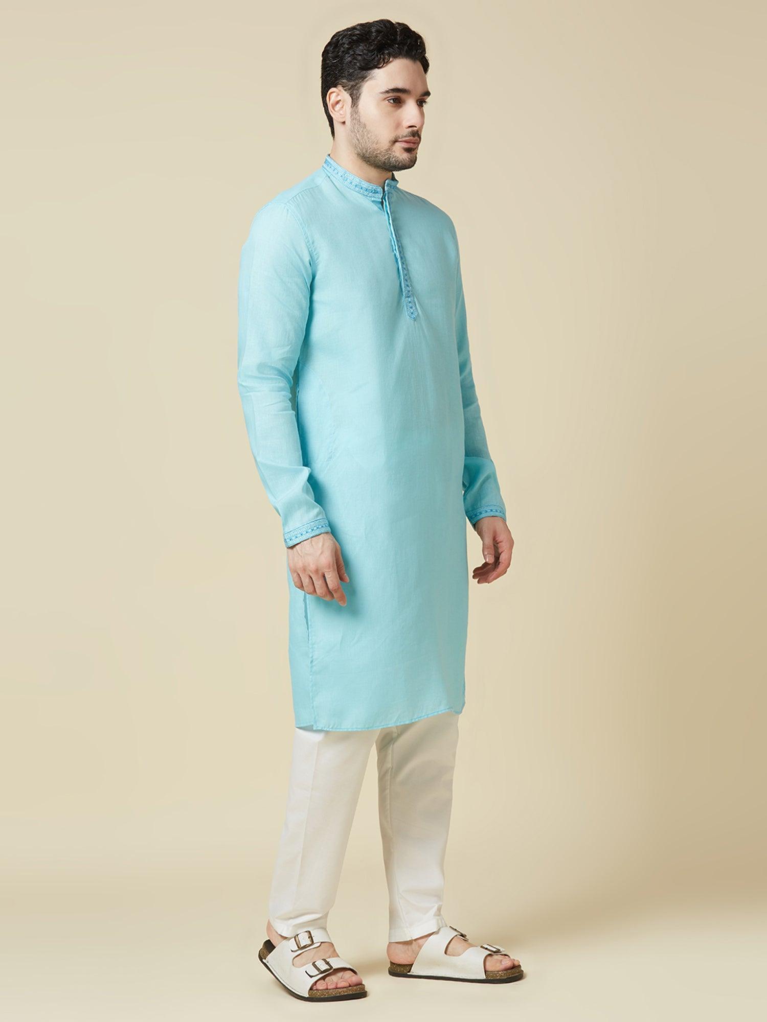 Sky Blue 100% Pure Linen Long Kurta - Bhrata