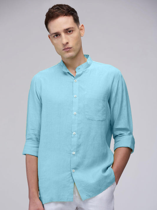 Sky Blue Mandarin 100% Pure Linen - Bhrata