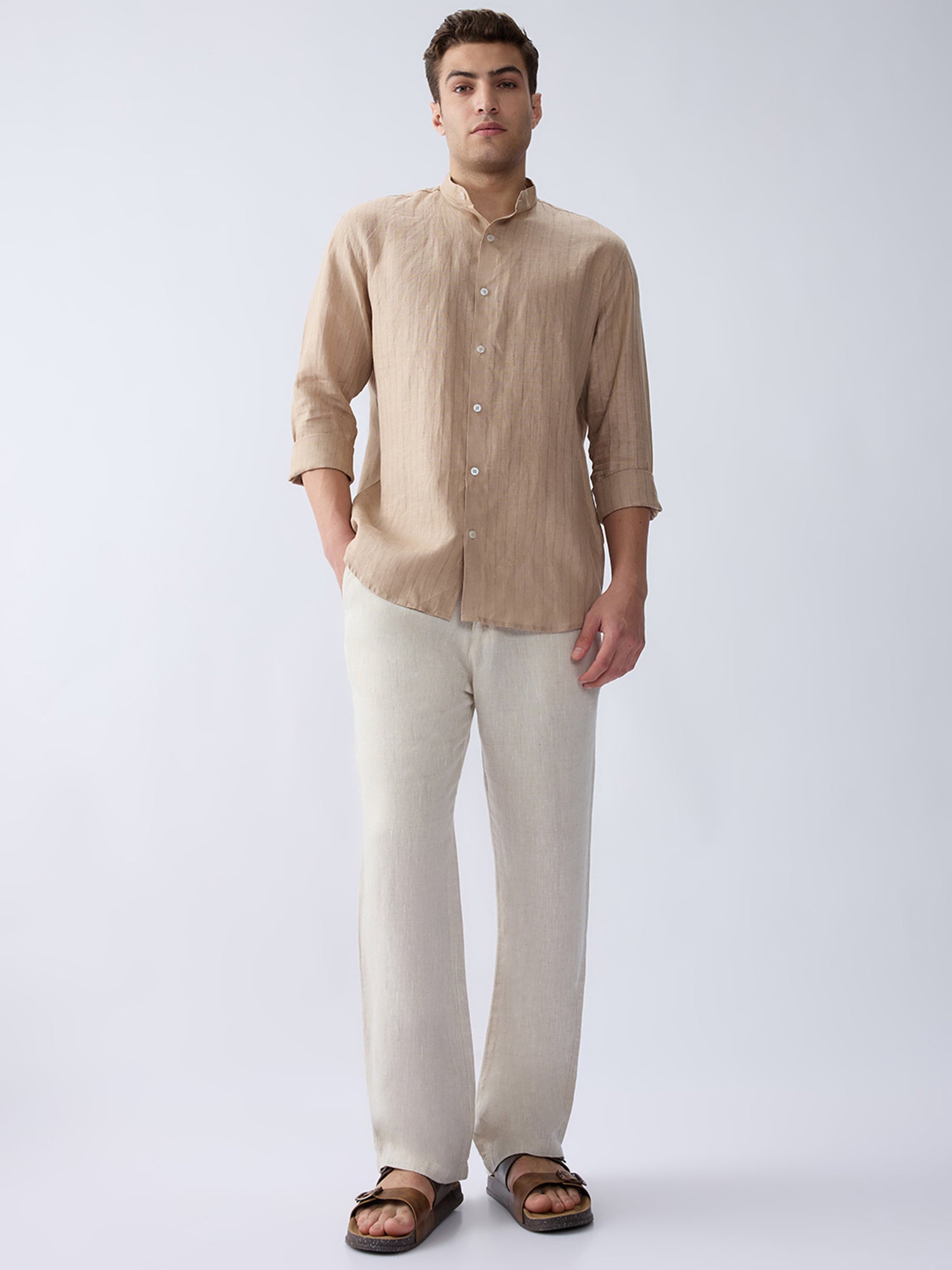 Beige 100% Pure Linen Trousers With Waistband [Custom Made]